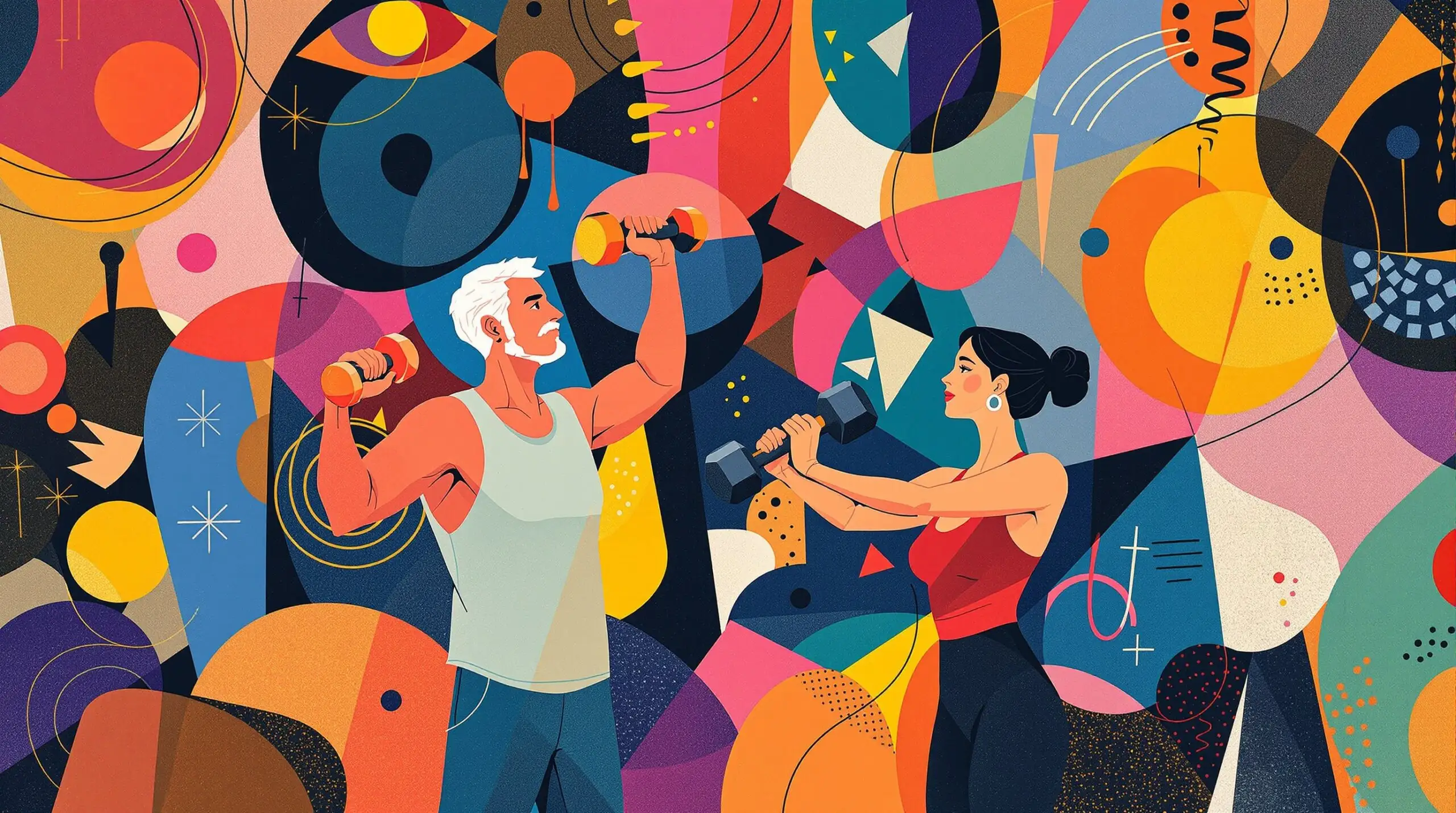 Middle-aged couple performing strength training exercises in an abstract, colorful setting