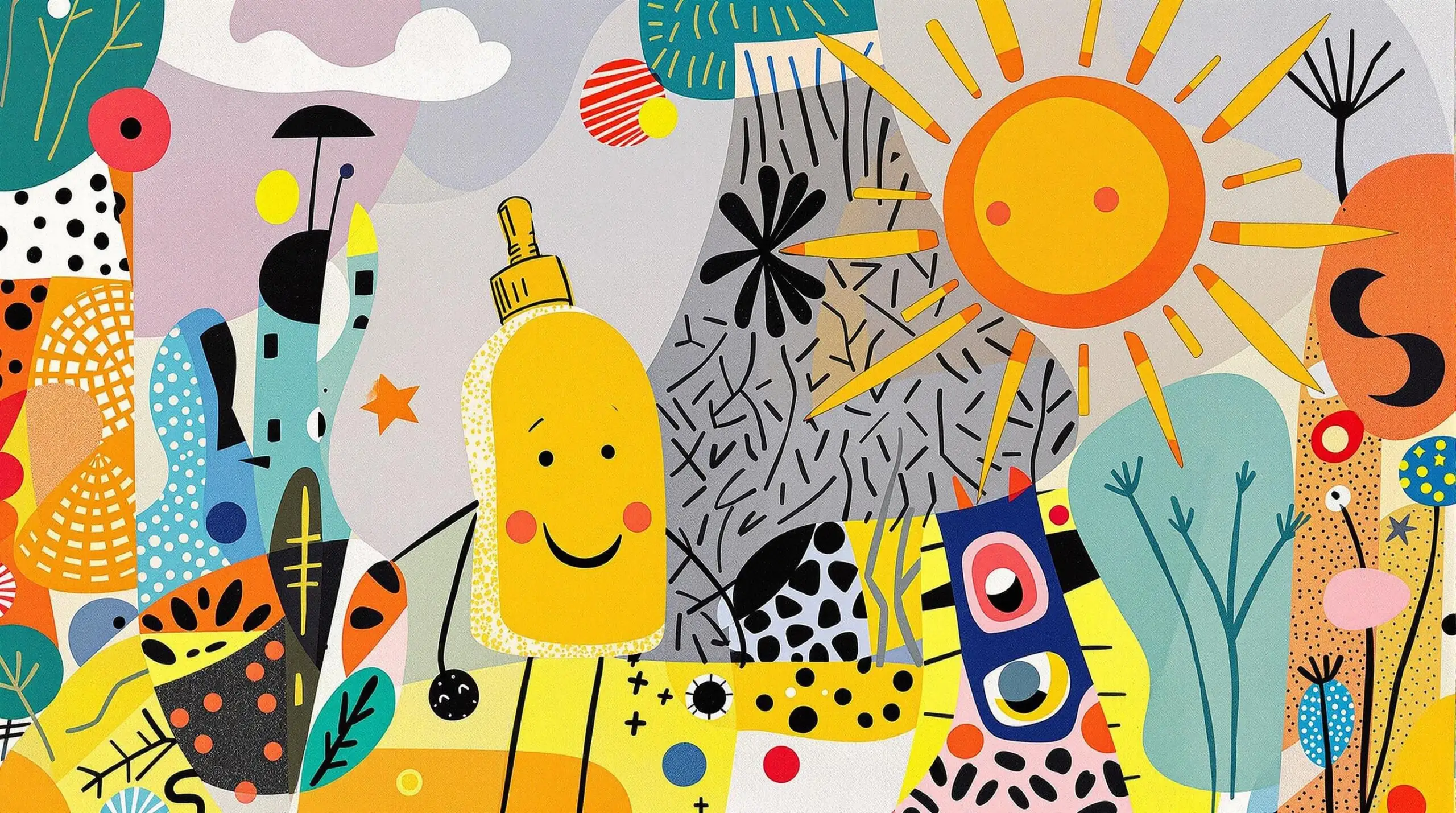 Sunscreen bottle character with sun in a Miro-inspired colorful abstract illustration.
