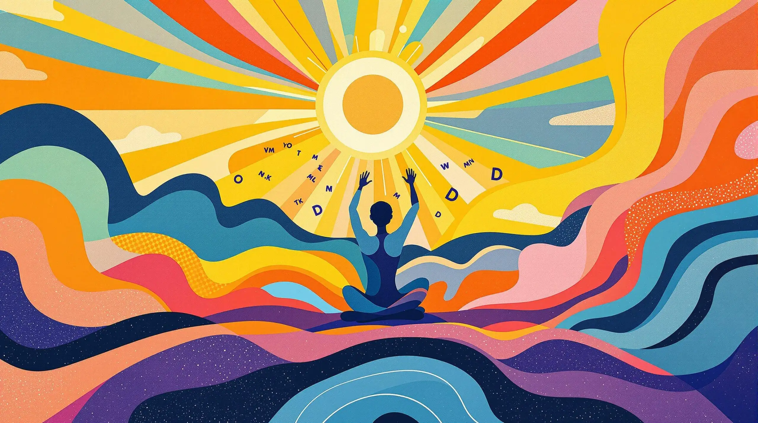A human figure in an abstract style basking under a sun with Vitamin D elements.