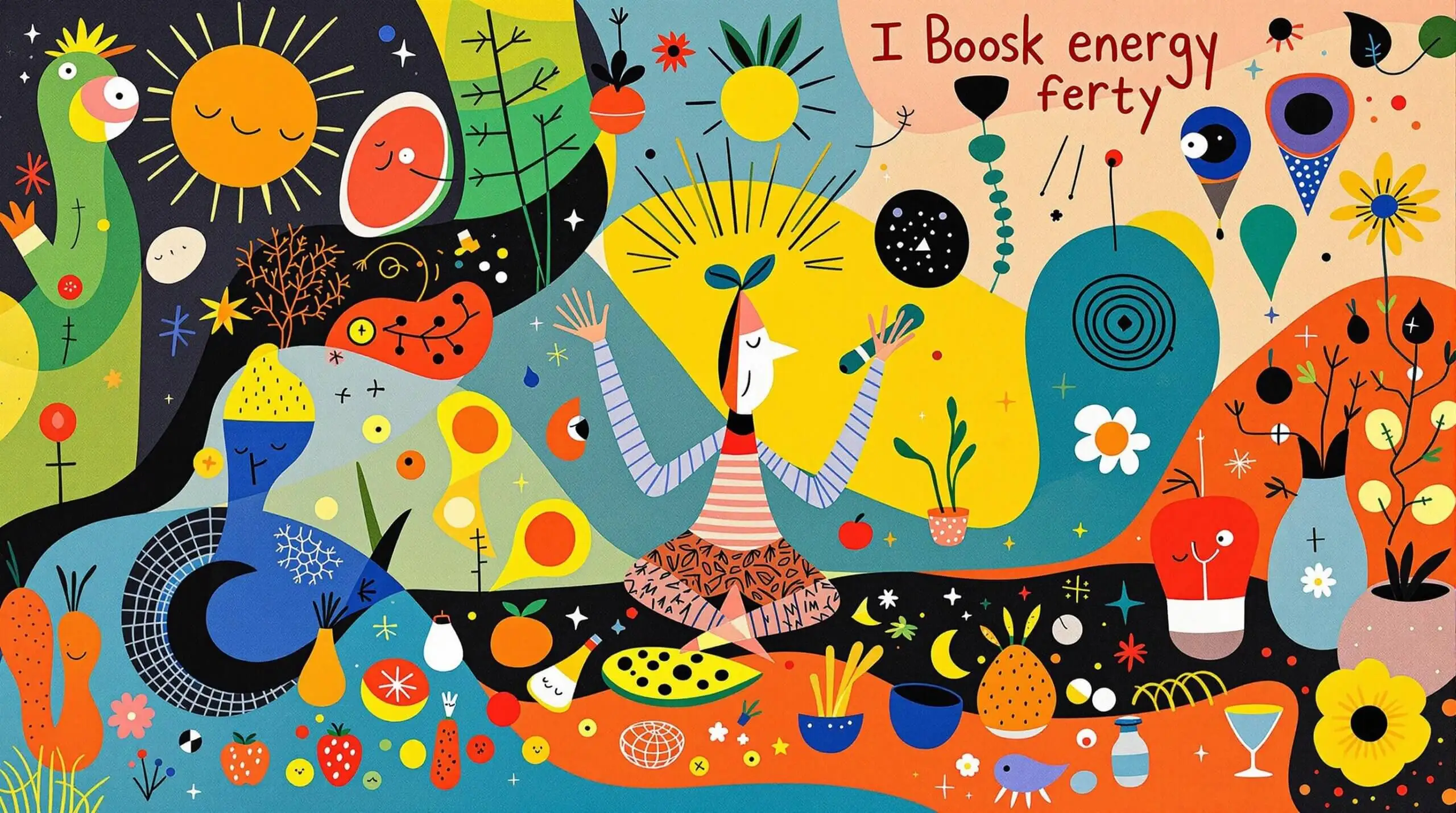 Artistic depiction of energy-boosting activities like exercise, meditation, and healthy eating, with abstract art inspiration