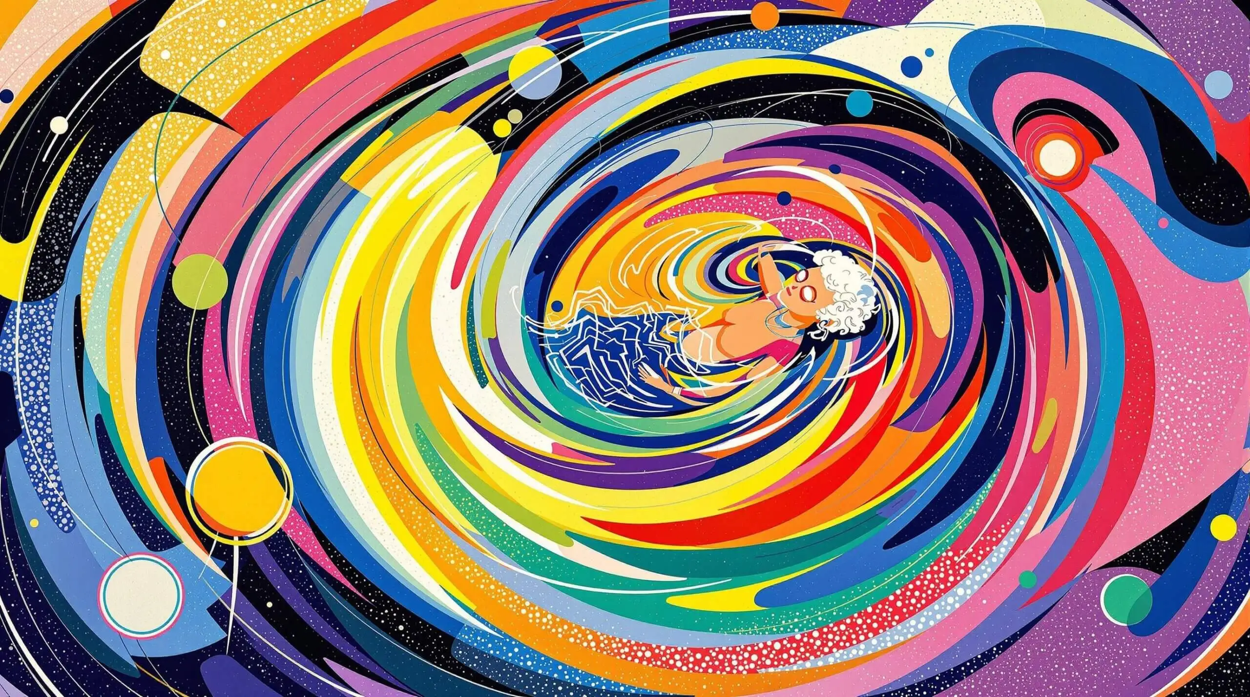 An elderly person swimming through an abstract, colorful pool in the style of Wassily Kandinsky.
