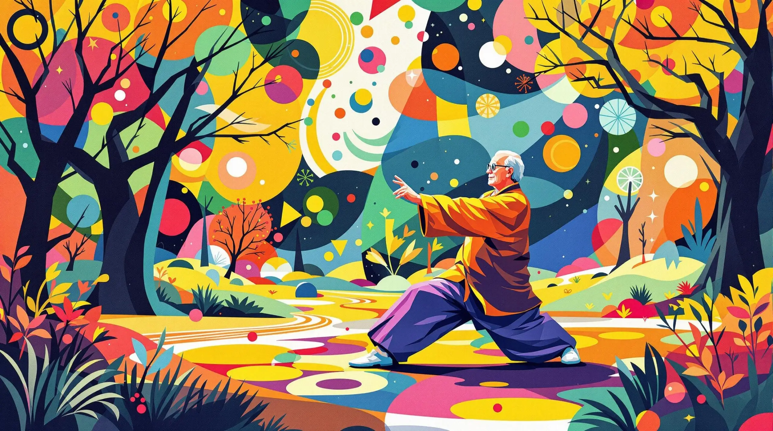 Serene elderly person performing Tai Chi with colorful abstract background.