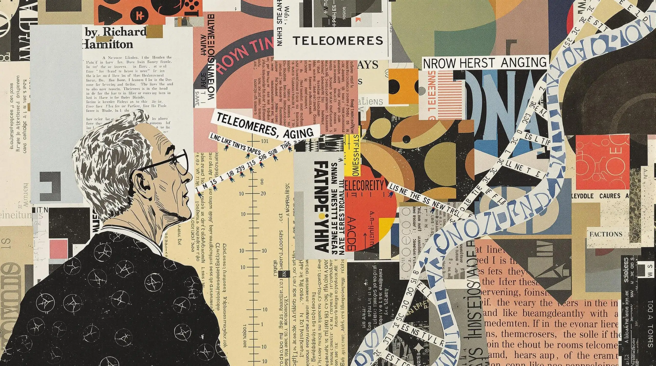 Collage-style illustration of a person and telomeres on a DNA strand with magazine cutouts and abstract patterns in the background