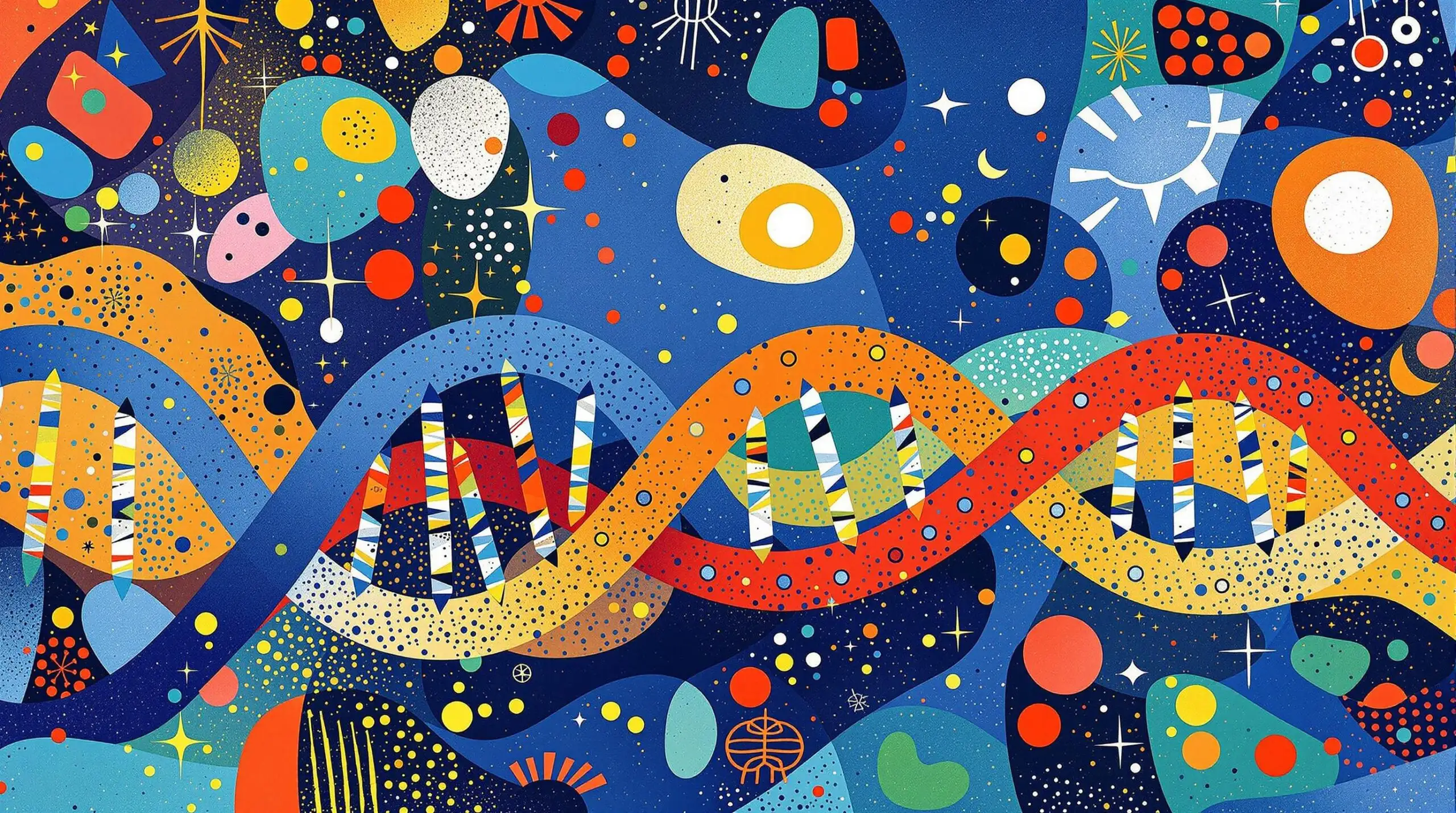 Artistic illustration of telomeres as caps on DNA strands with abstract shapes in the background