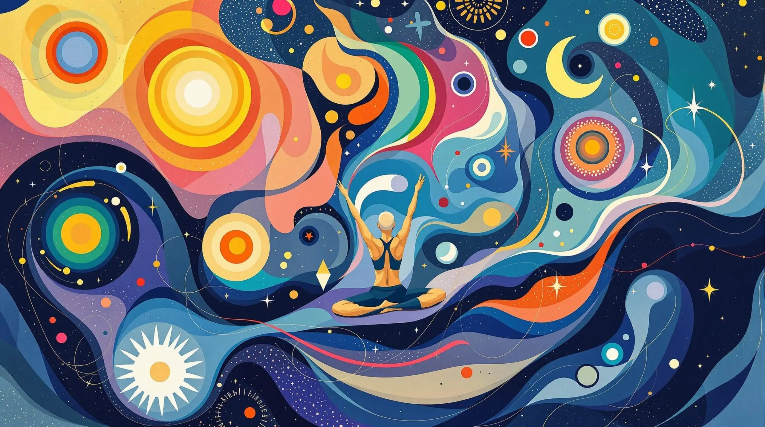 An abstract illustration showing a person doing yoga amidst swirling patterns and shapes signifying energy and vitality.