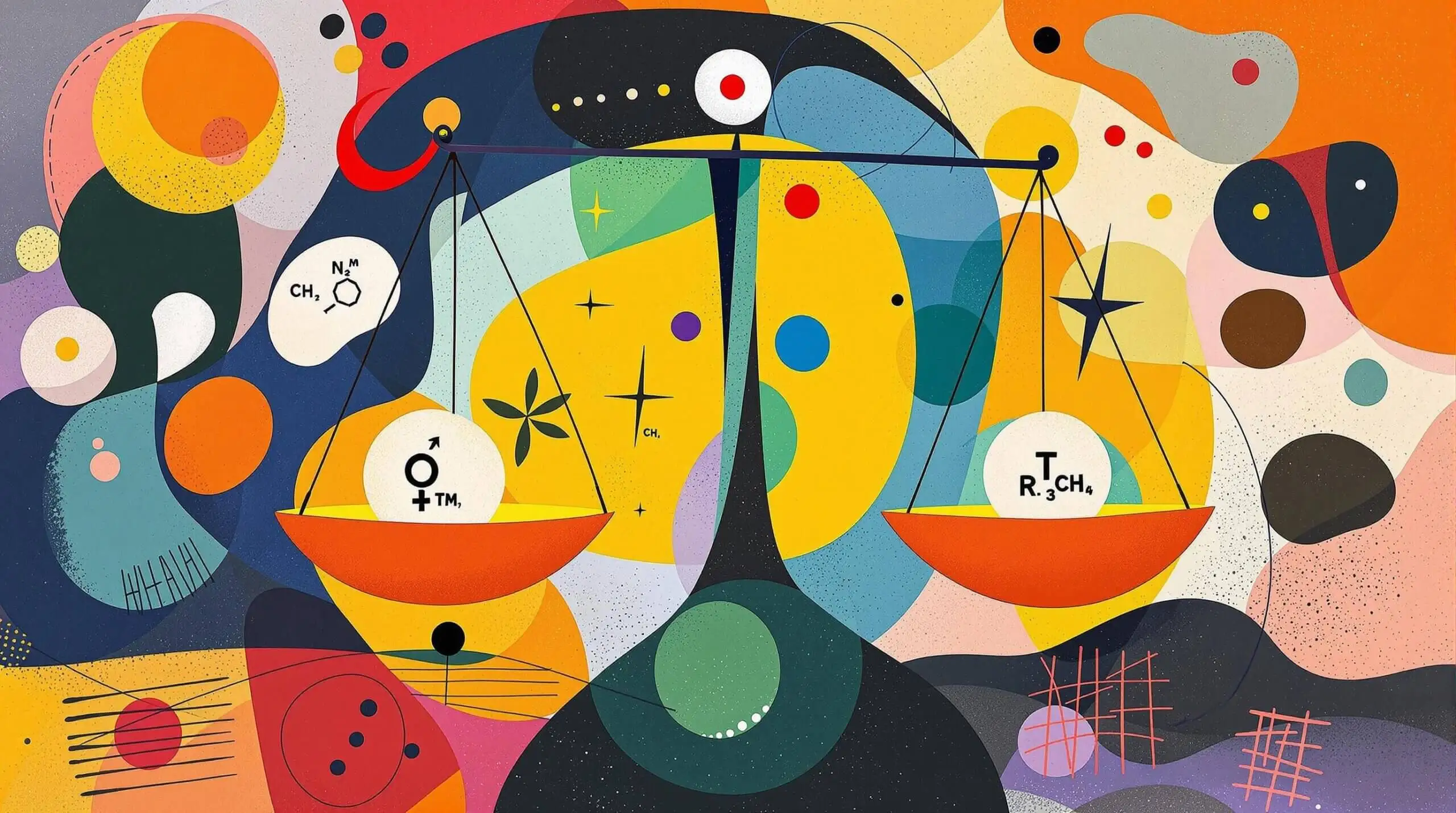 An abstract illustration showing scales balancing symbols related to testosterone against a colorful, abstract background.