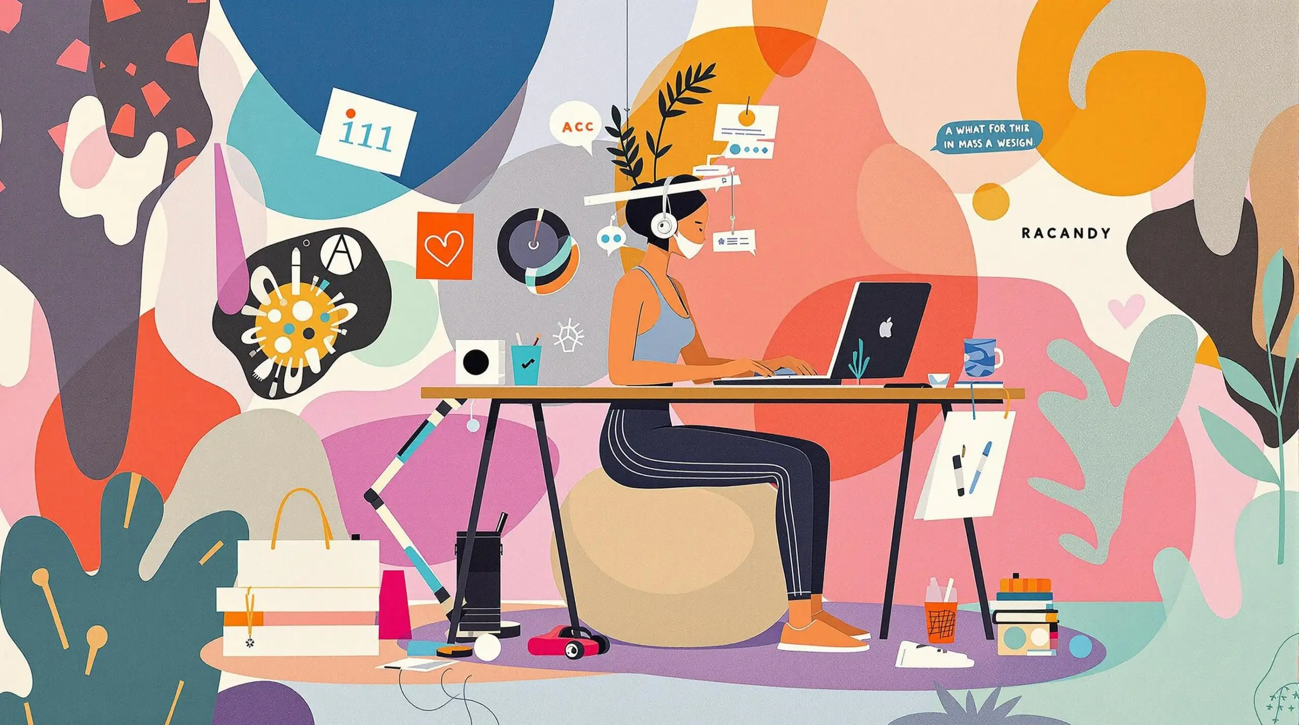 A person balancing work and fitness with office and exercise equipment intertwined.