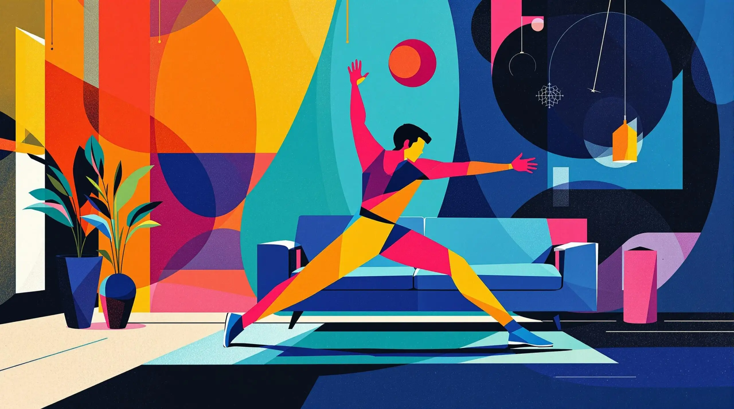 A person performing dynamic exercises among abstract shapes in a vibrant style.