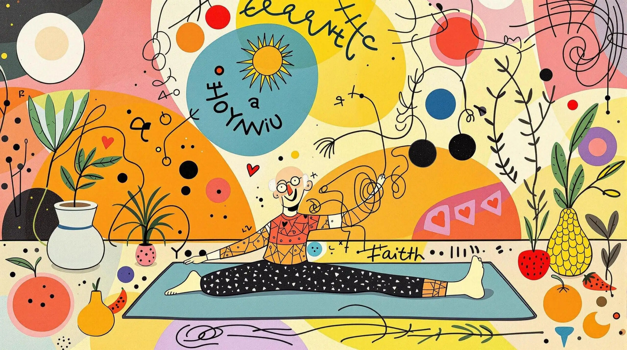 An elderly person stretching on a yoga mat with abstract patterns and fruits.