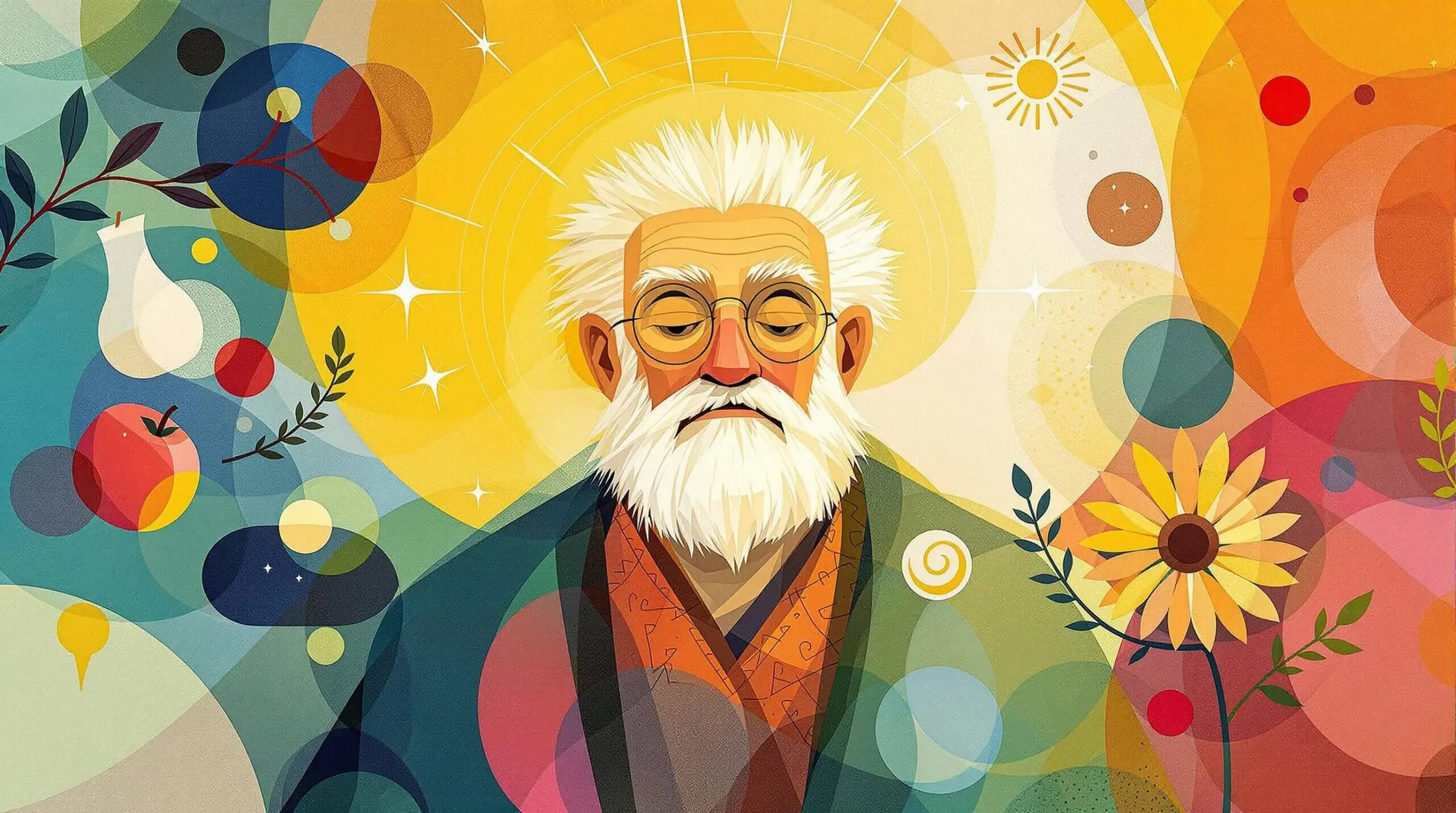 An elderly person depicted in an abstract style with symbols of wellness like books and fruits.