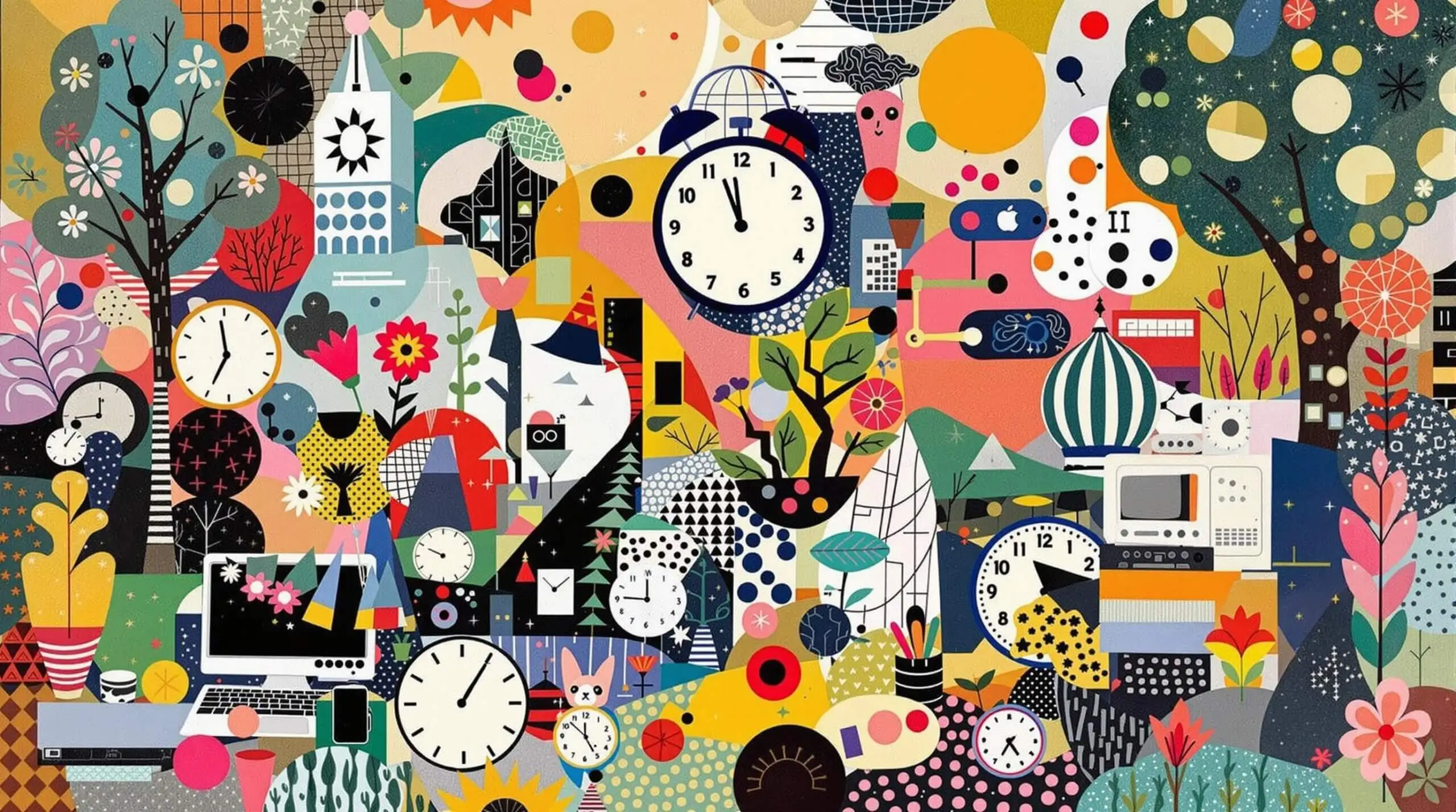 A collage of clocks, computers, and nature combined.