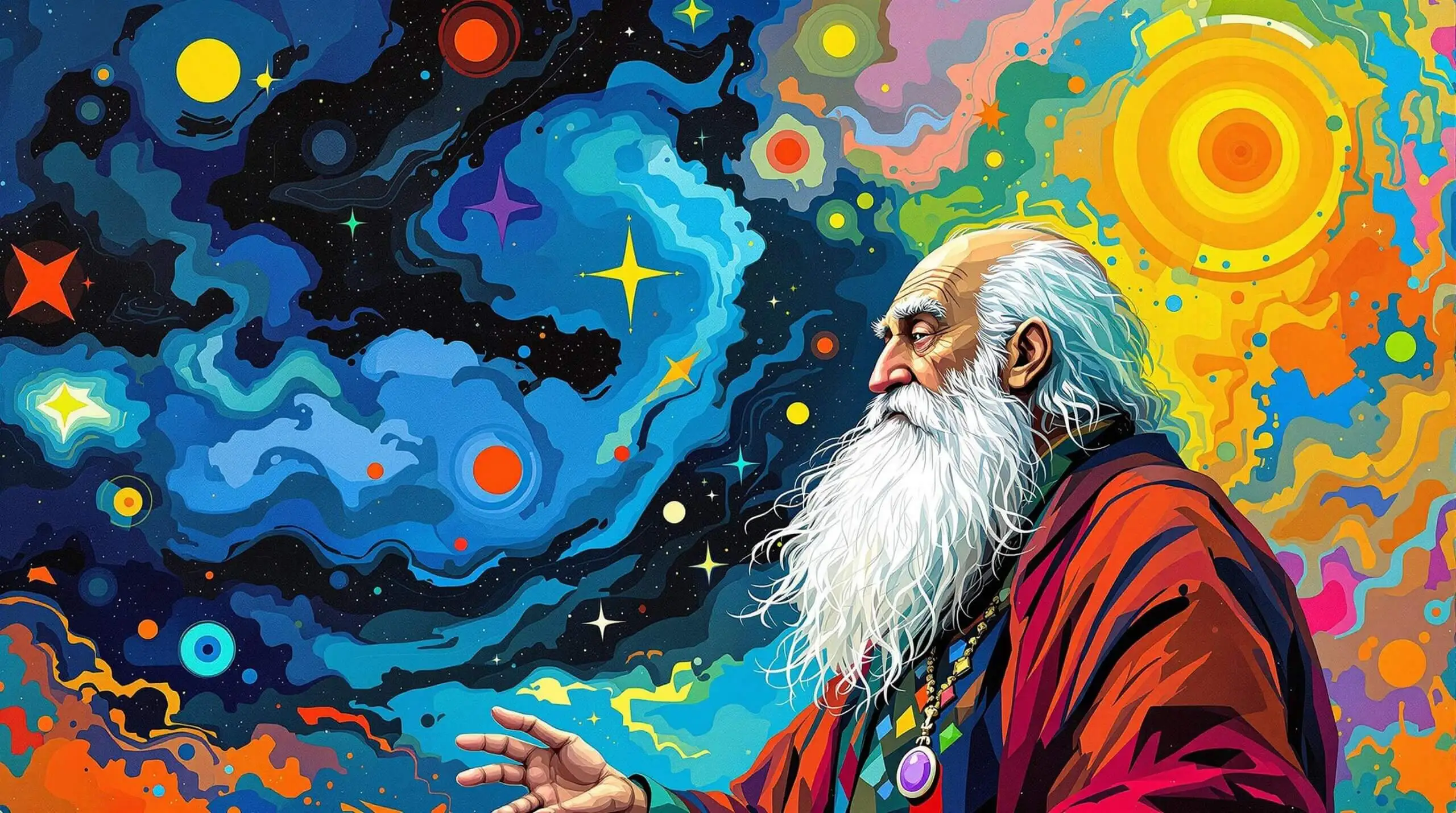 A wise, elderly alchemist turning storm clouds into vibrant abstract shapes.