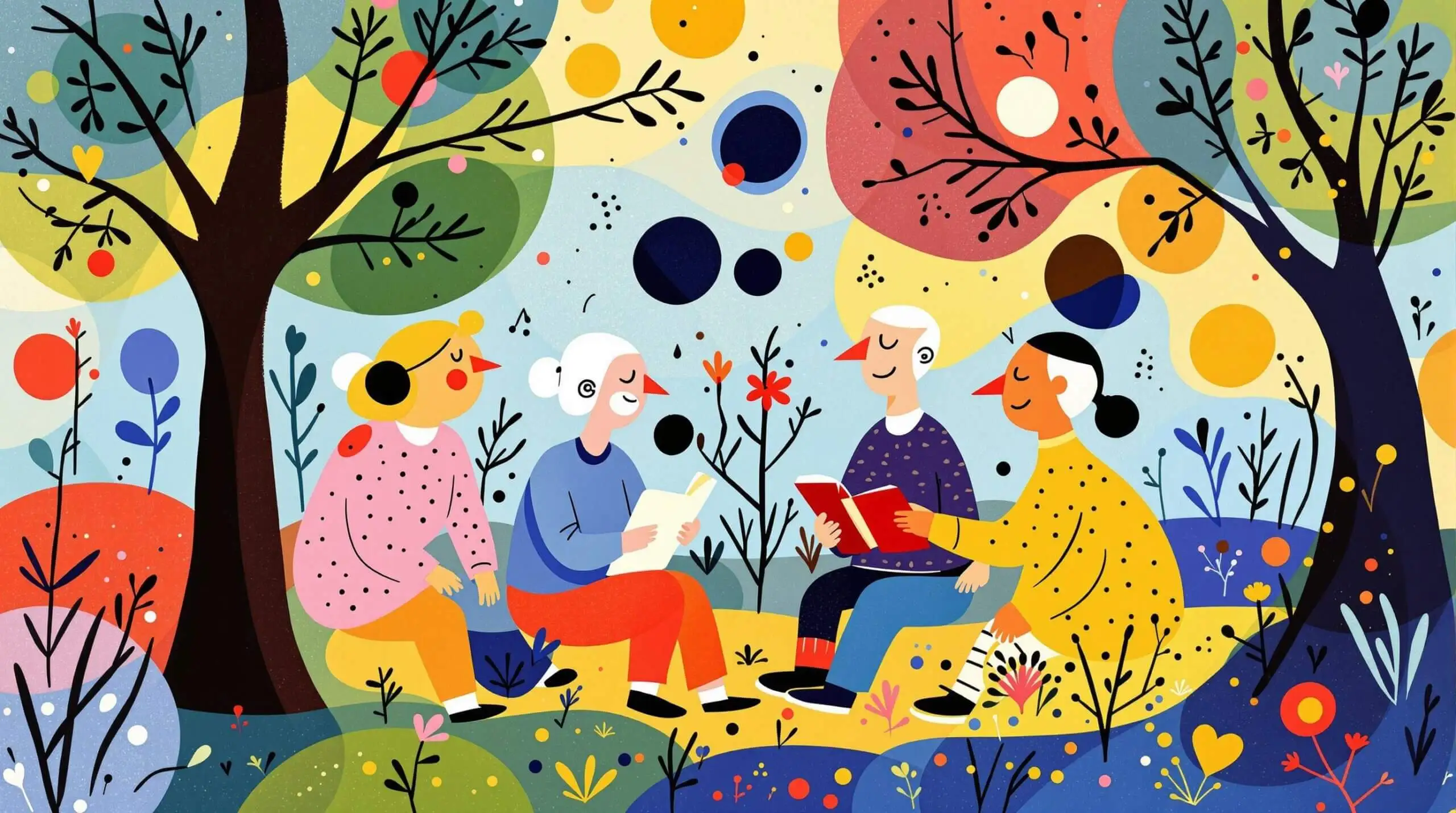 Artistic scene of people of various ages sharing stories in a park, inspired by Joan Miró