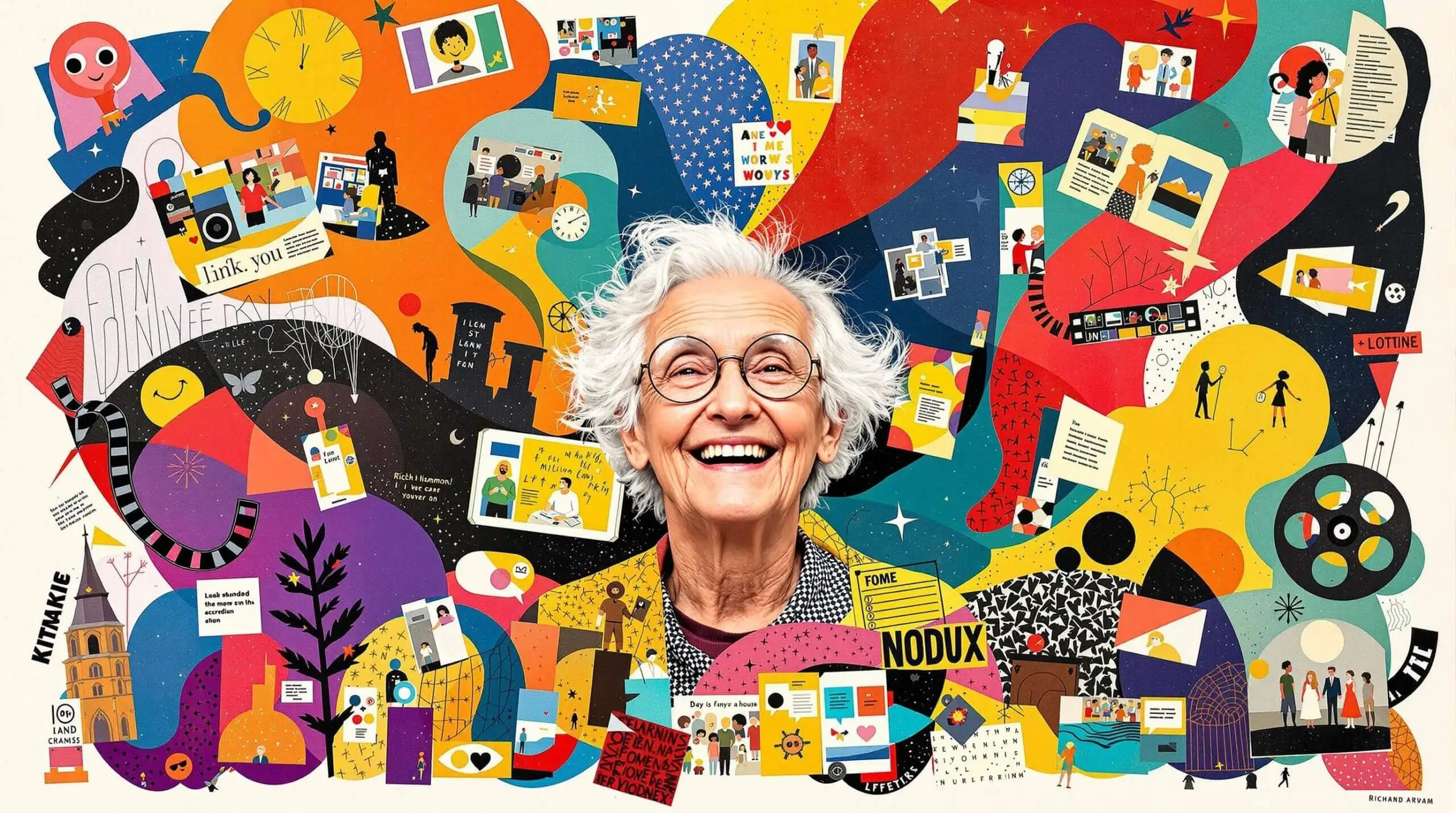 An elderly person surrounded by colorful narrative elements in a collage, symbolizing storytelling's power