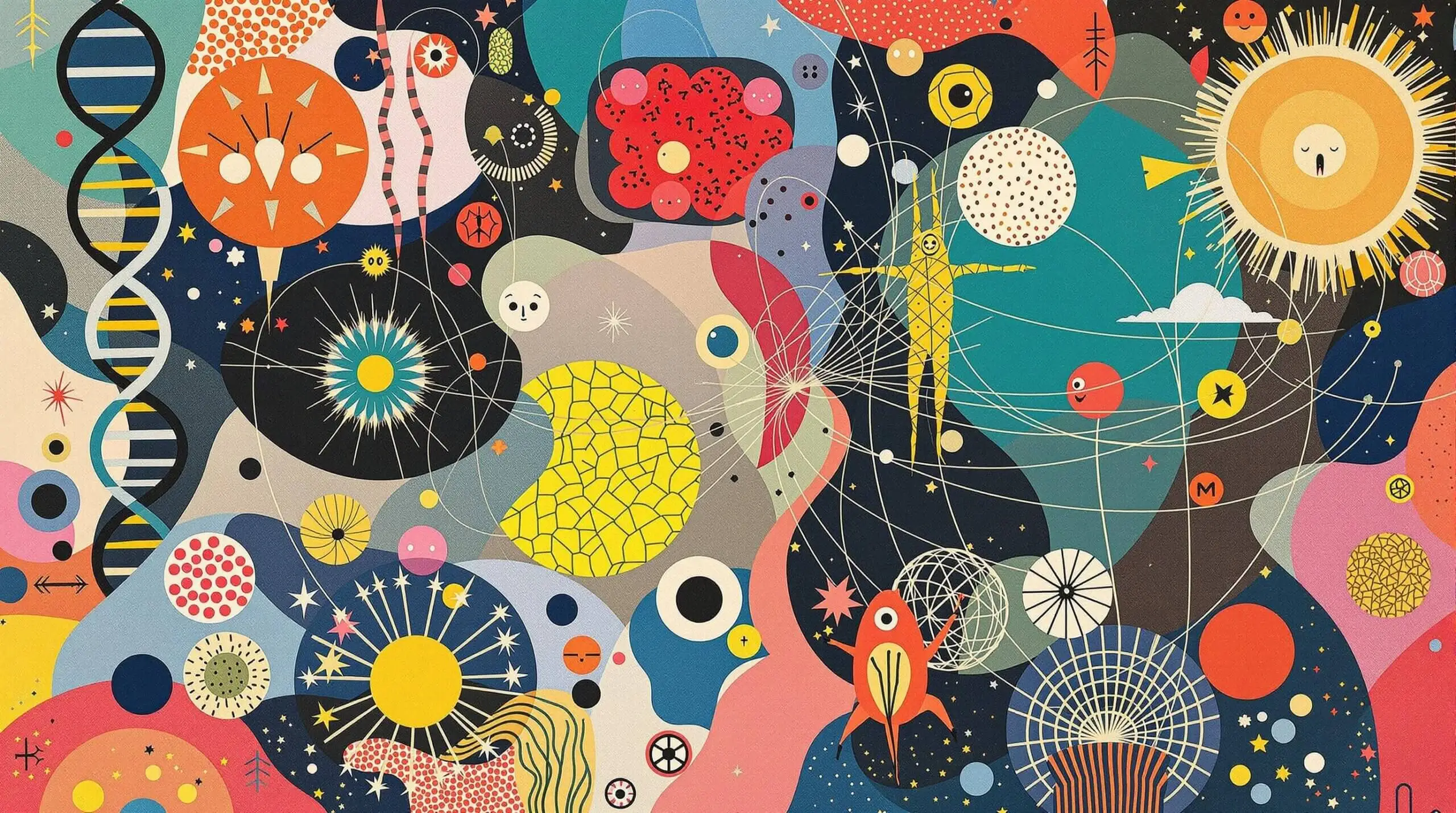 A collage showing interactions between DNA, cells, and magnetic fields in an abstract style.