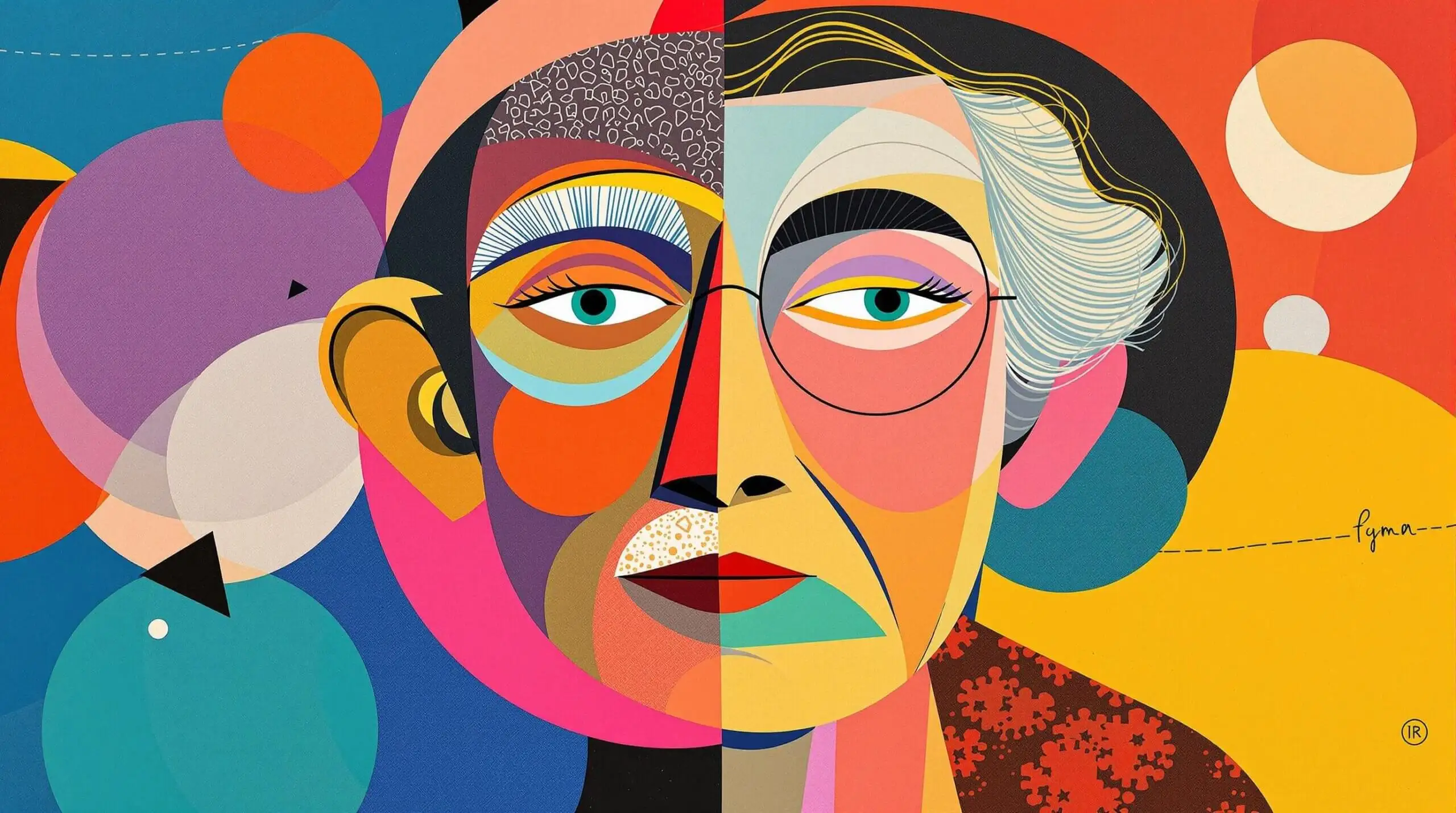A collage of a young and old face with a colorful, abstract background.
