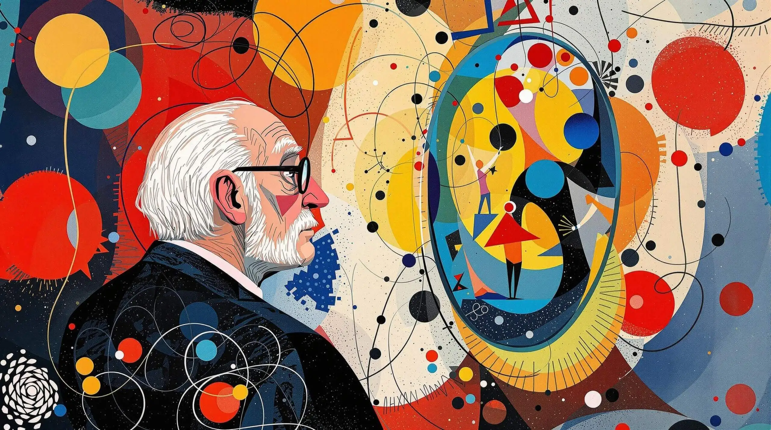 An older person gazing into a mirror with reflections of their younger selves.