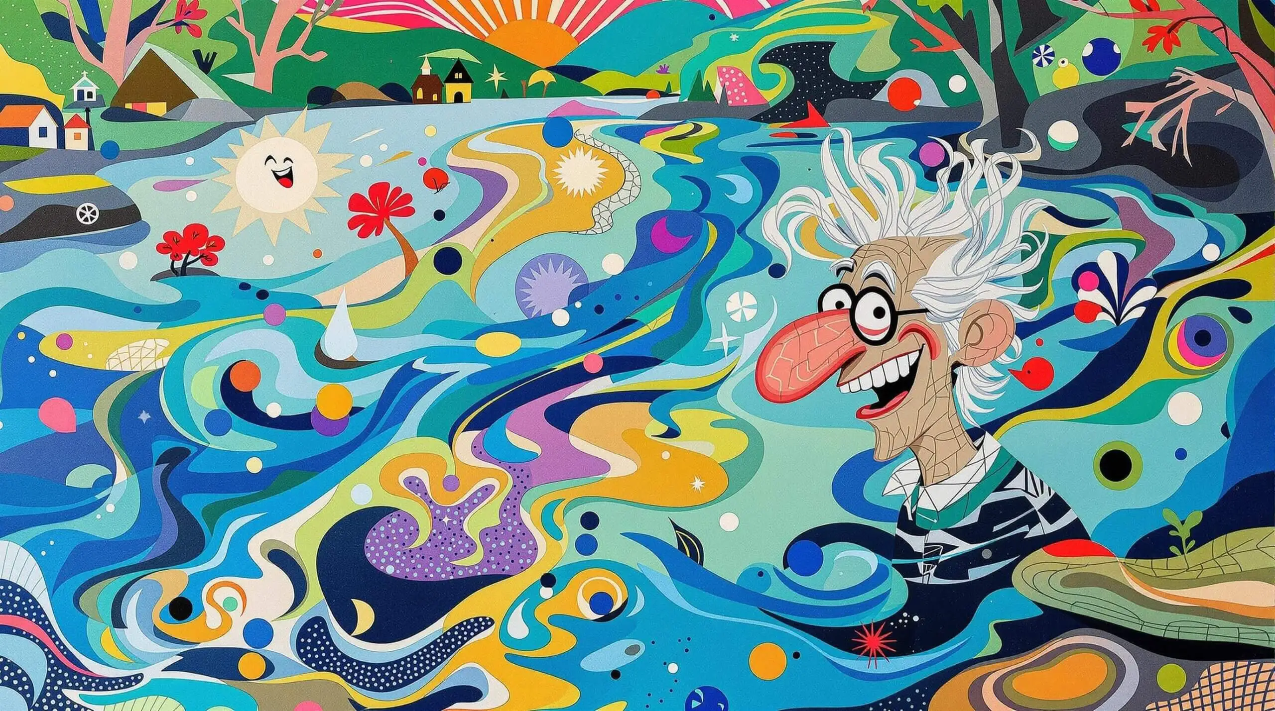 Illustration of a joyful person interacting with a vibrant, abstract river.