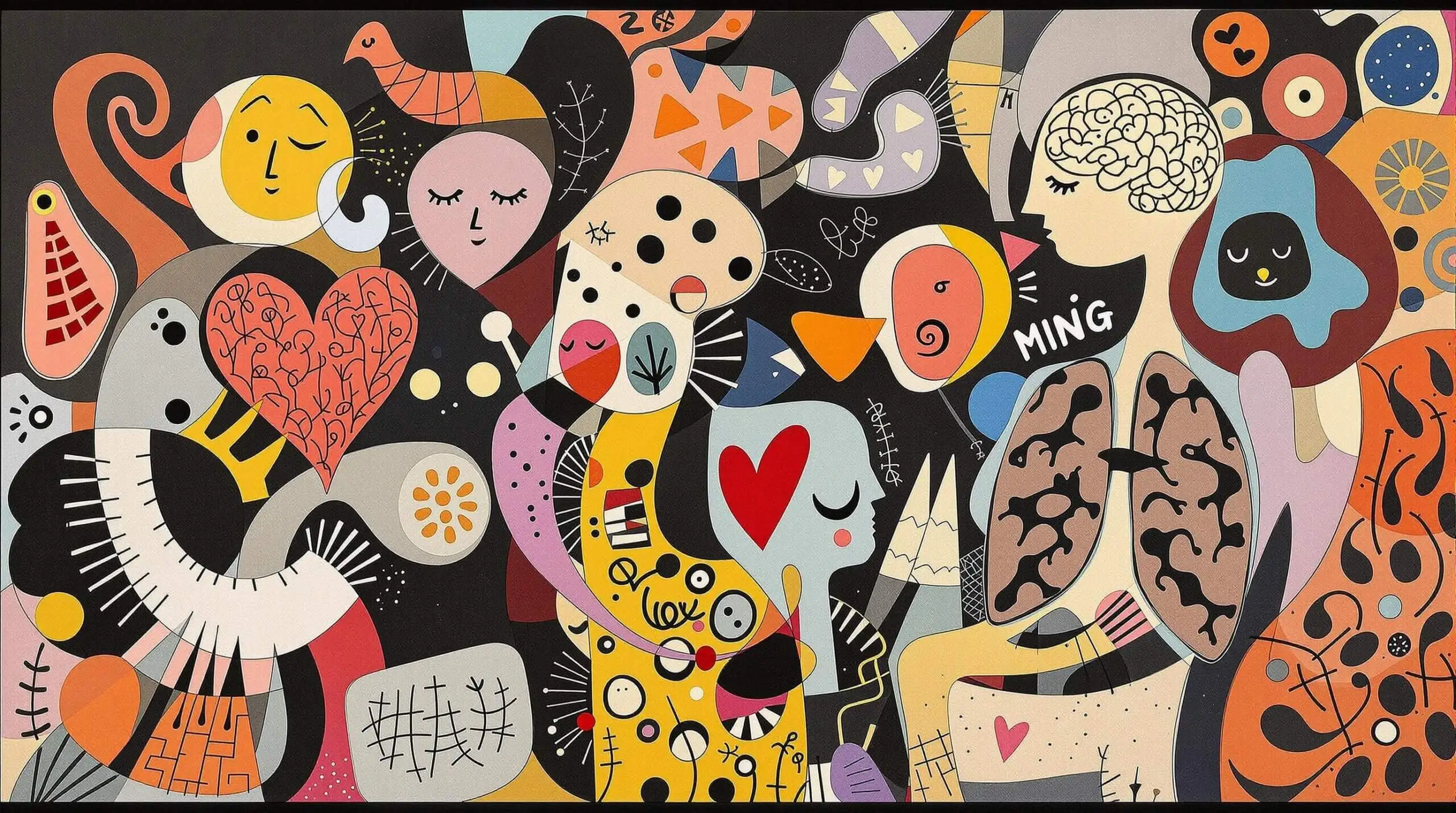 A collage of interconnected body systems in a playful and vibrant style inspired by Joan Miró.
