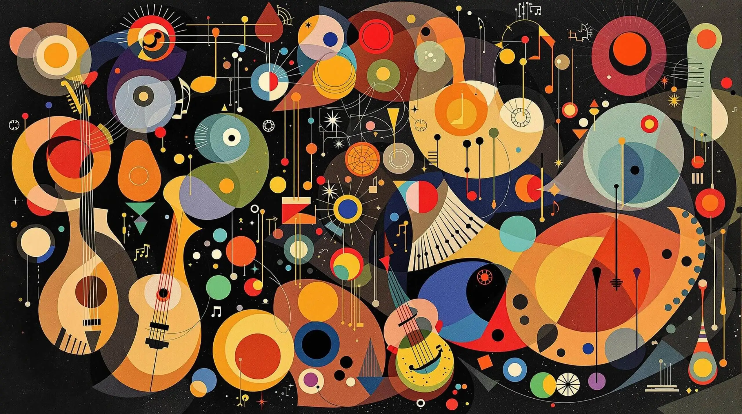 An abstract illustration of human body systems as musical instruments, inspired by Wassily Kandinsky.