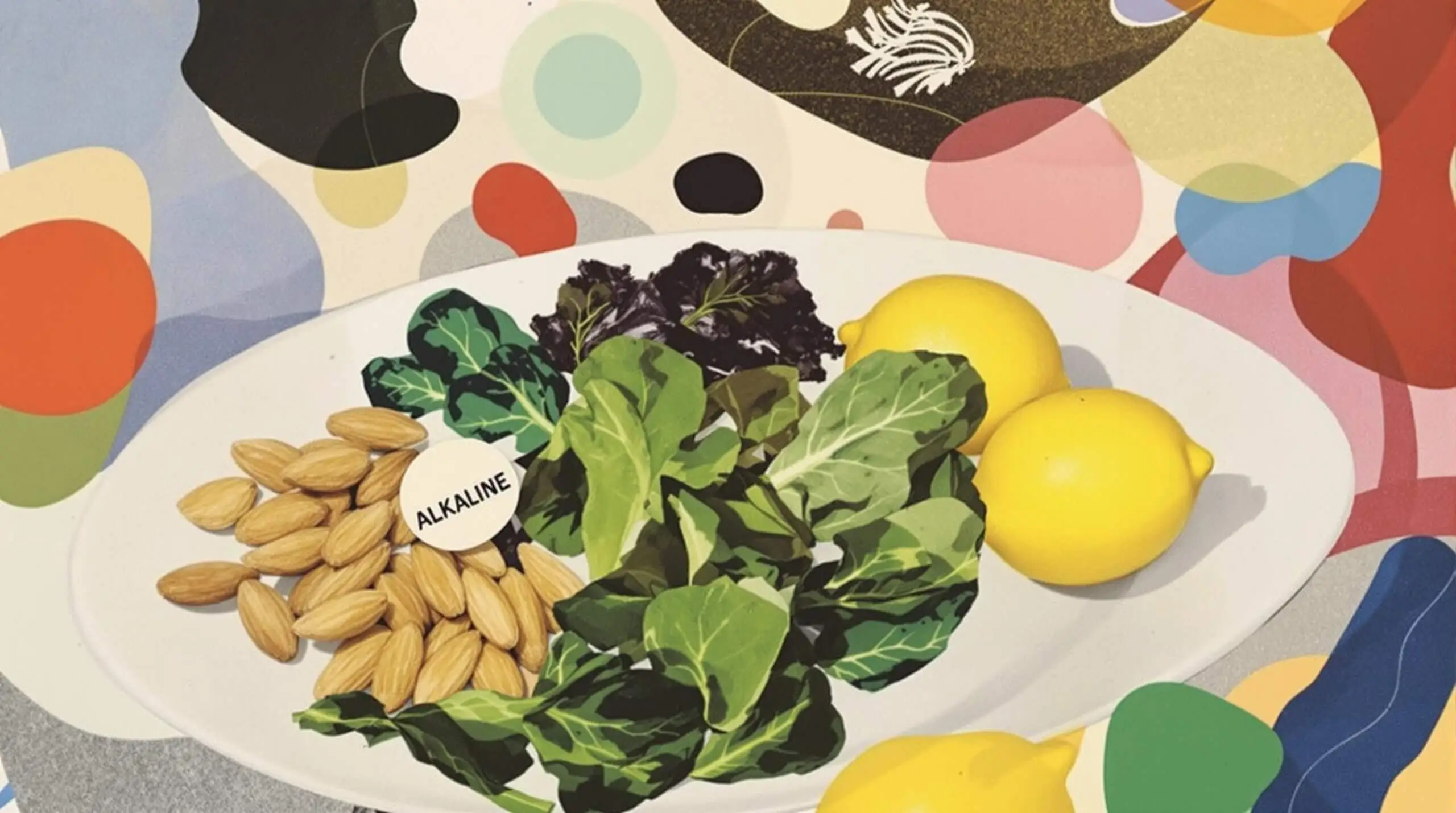 Richard Hamilton style collage of alkaline foods arranged on a plate.
