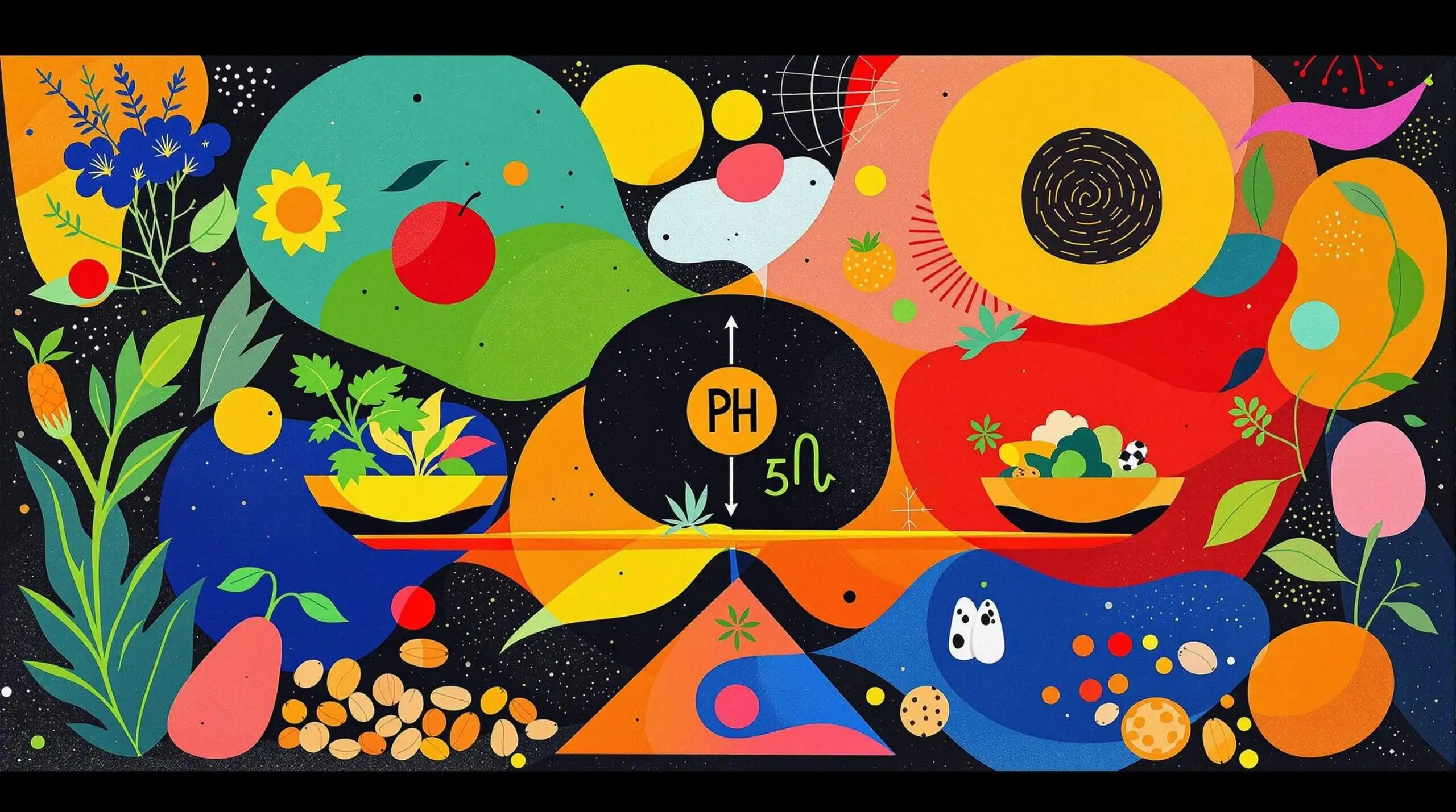 Joan Miró style illustration of a pH scale with healthy foods and abstract design.