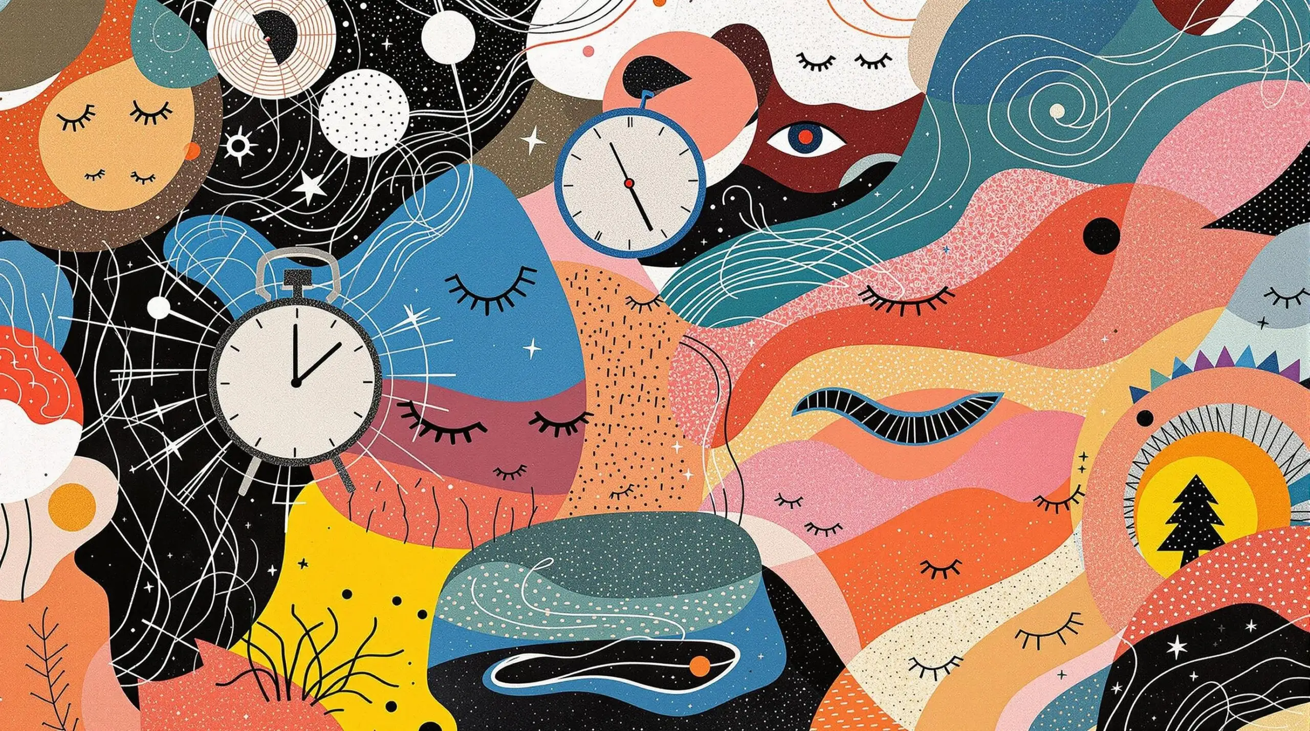 A collage-style illustration showing a person experiencing stress relief through pranayama breathing, with abstract clocks and flowing patterns