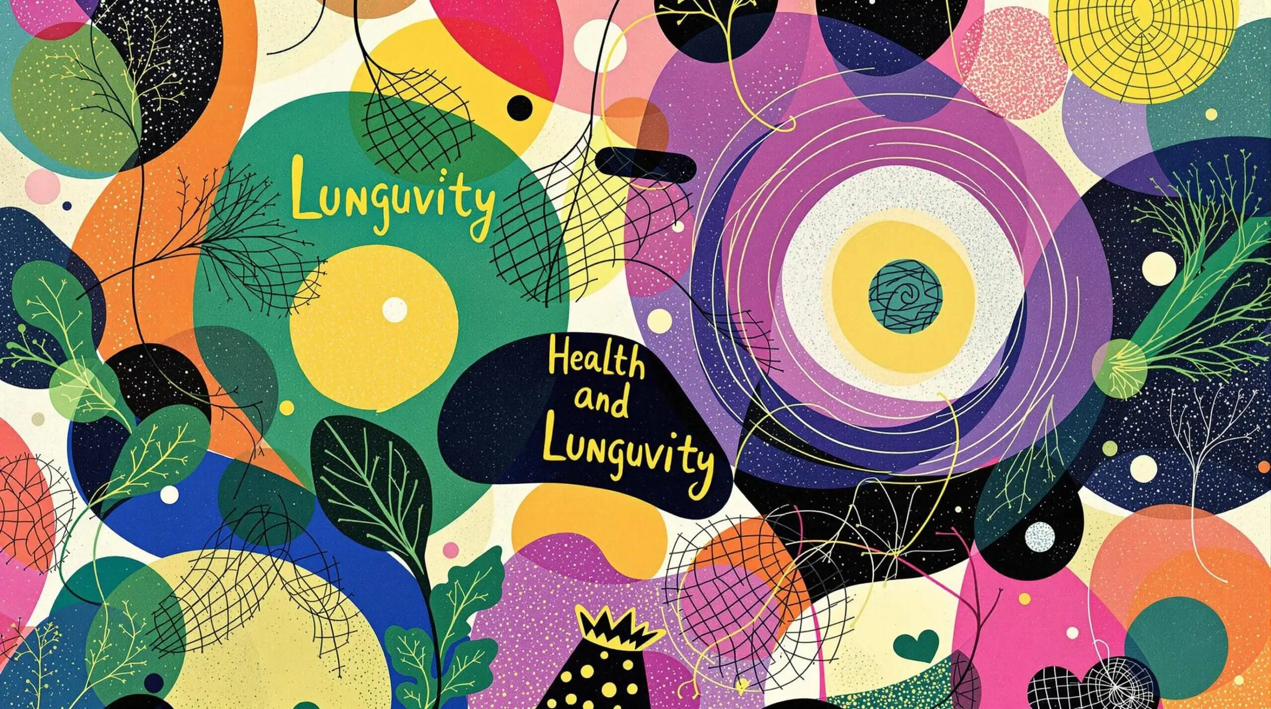 Abstract artistic illustration with dark leafy greens like kale and spinach and colorful abstract shapes.