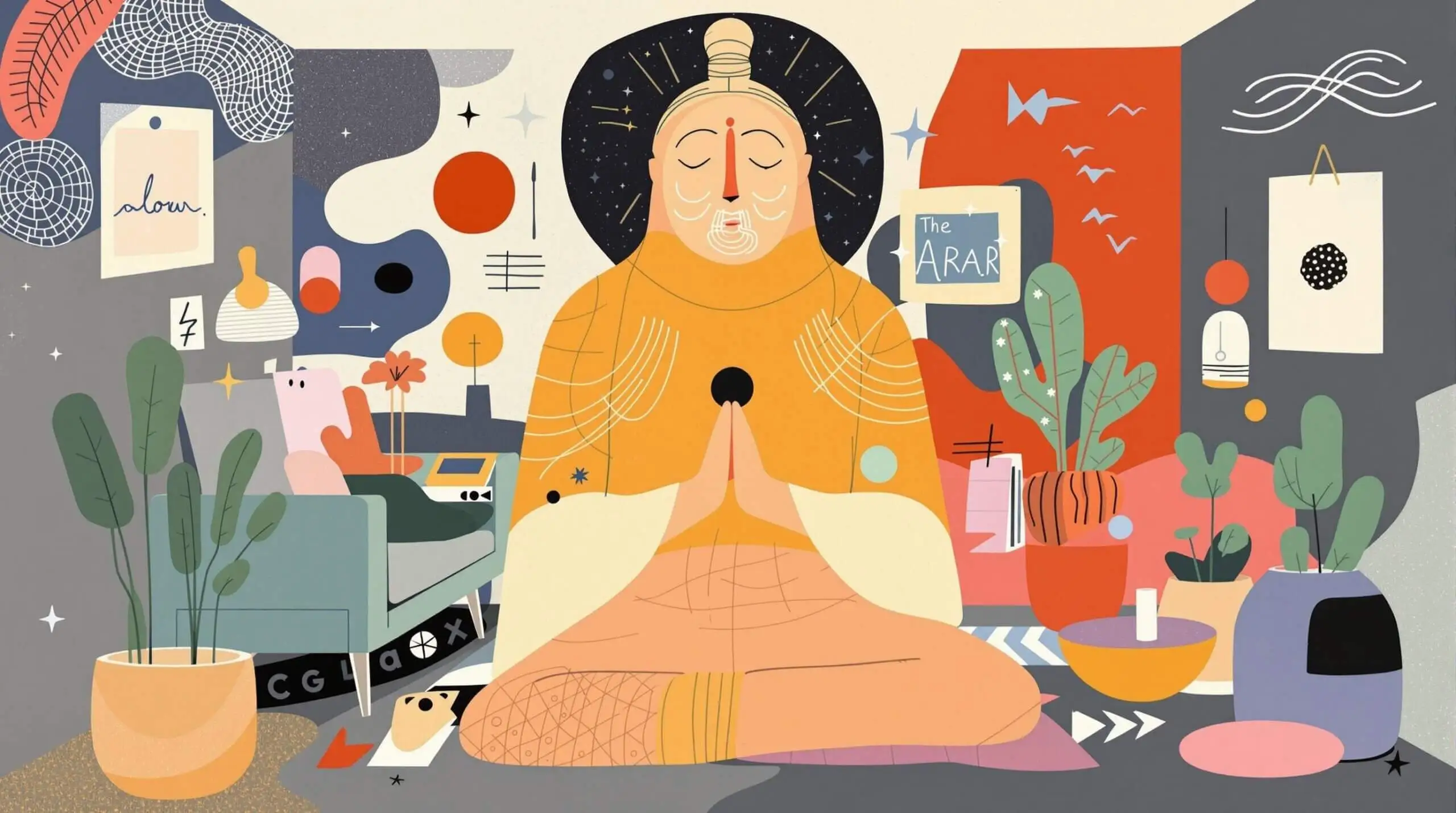 A modern zen space with elements of collage art, symbolizing ancient and modern breathing practices.