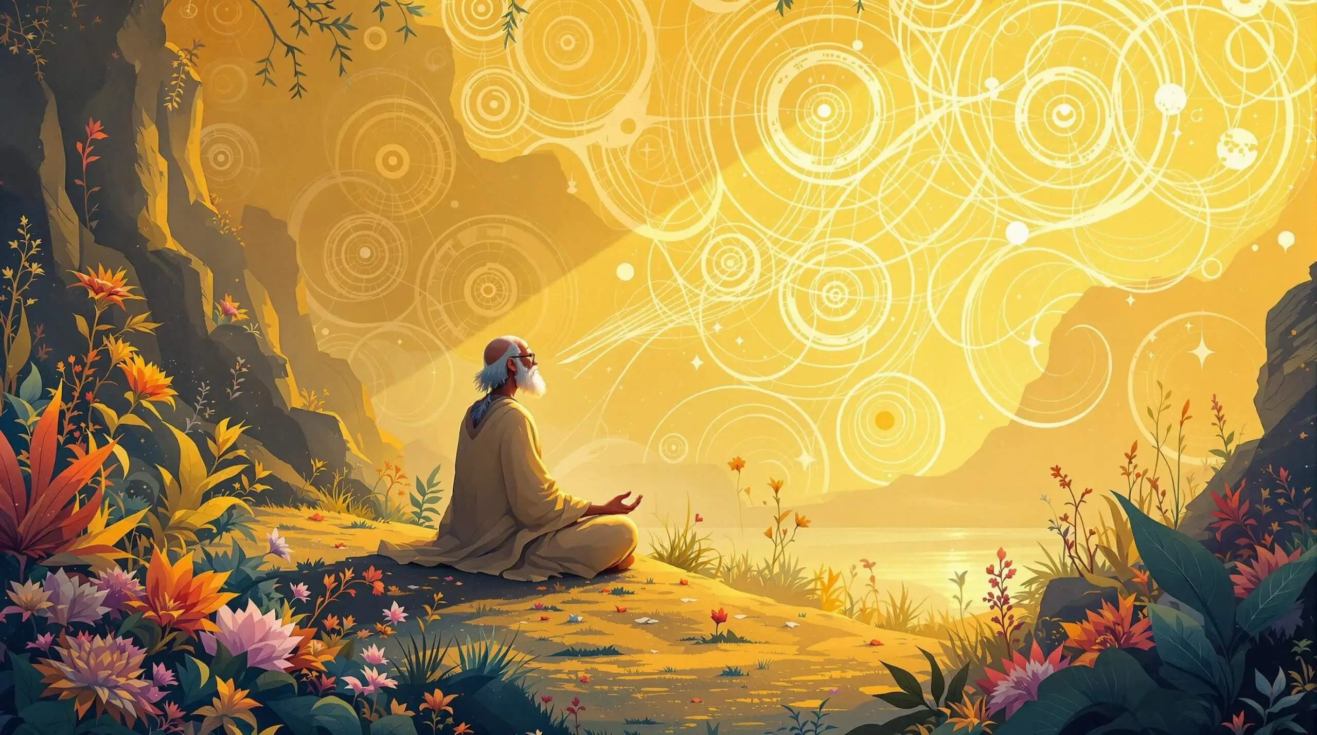 A sage practicing ancient breathing exercises surrounded by vibrant flora and abstract patterns.