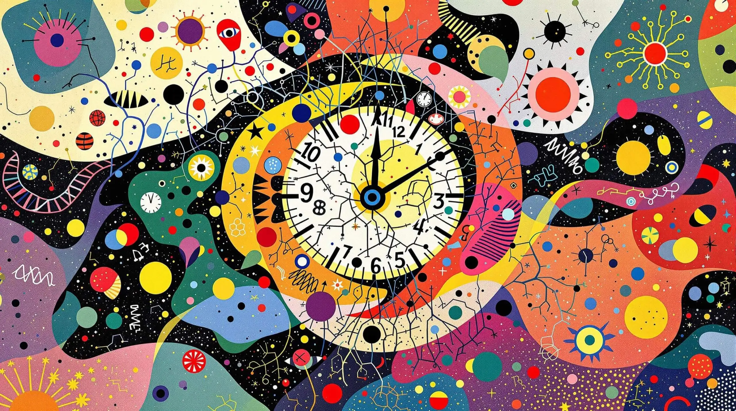 An abstract illustration of a surreal clock intertwined with human biology, featuring bright colors and playful shapes.