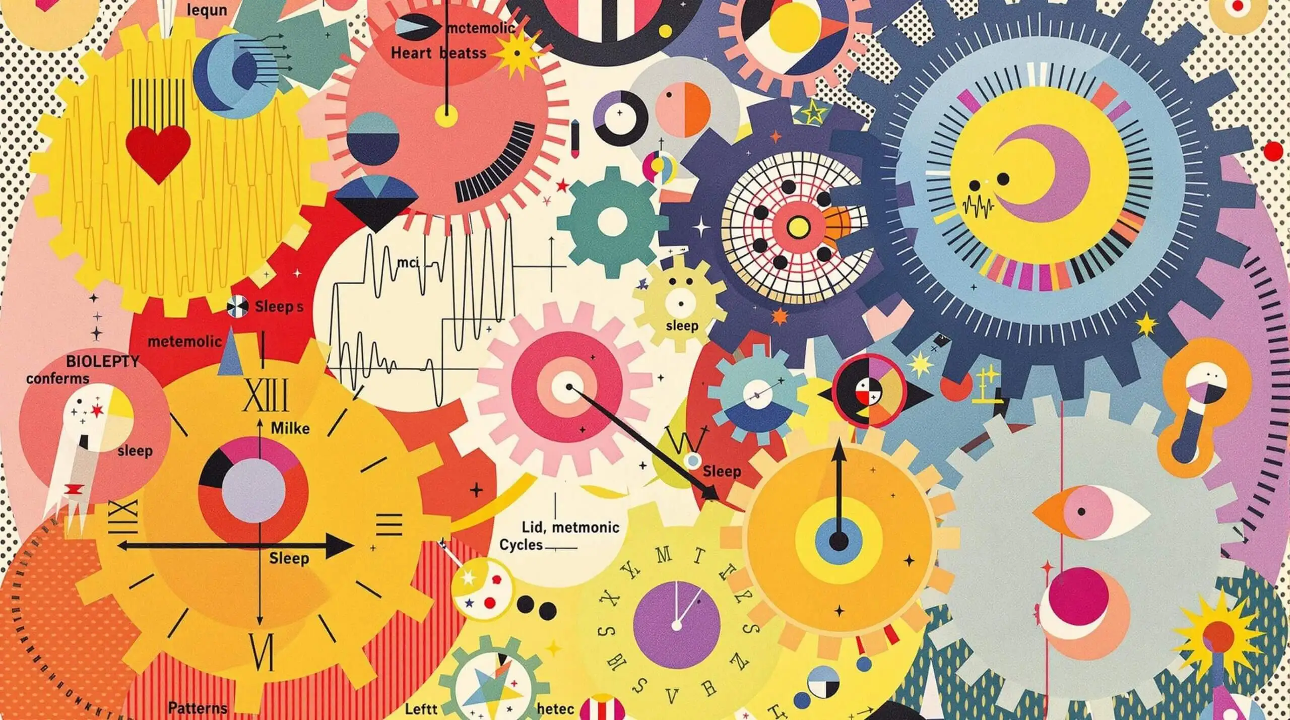 Collage illustration of biological processes as gears in a clock, with vibrant colors and mixed media elements.