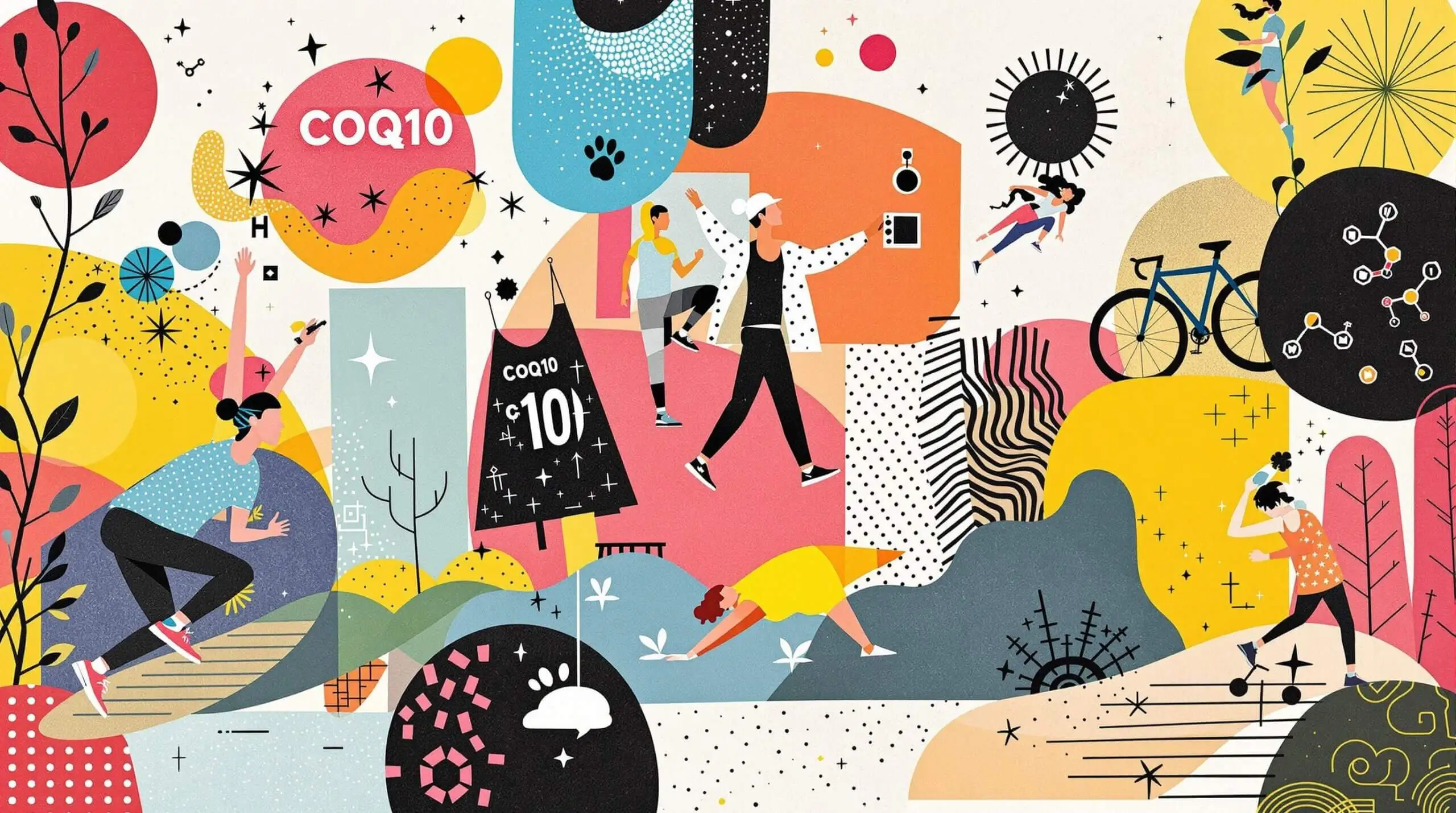A collage depicting energetic activities and CoQ10 molecules with abstract patterns in the background.