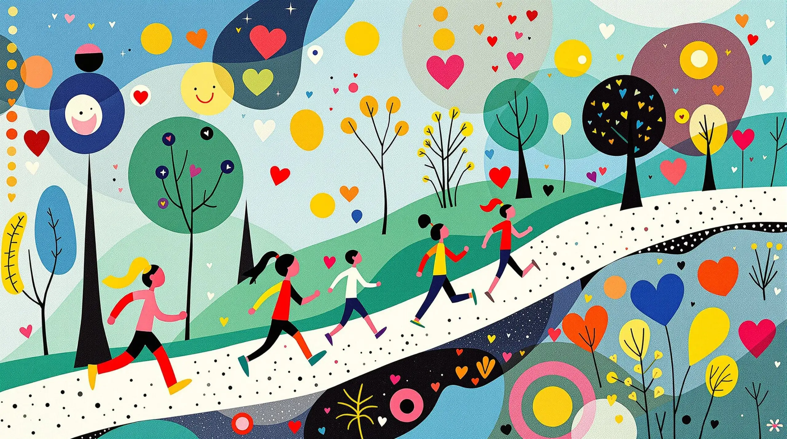 Vibrant illustration of jogging individuals symbolizing longevity with trees and hearts.
