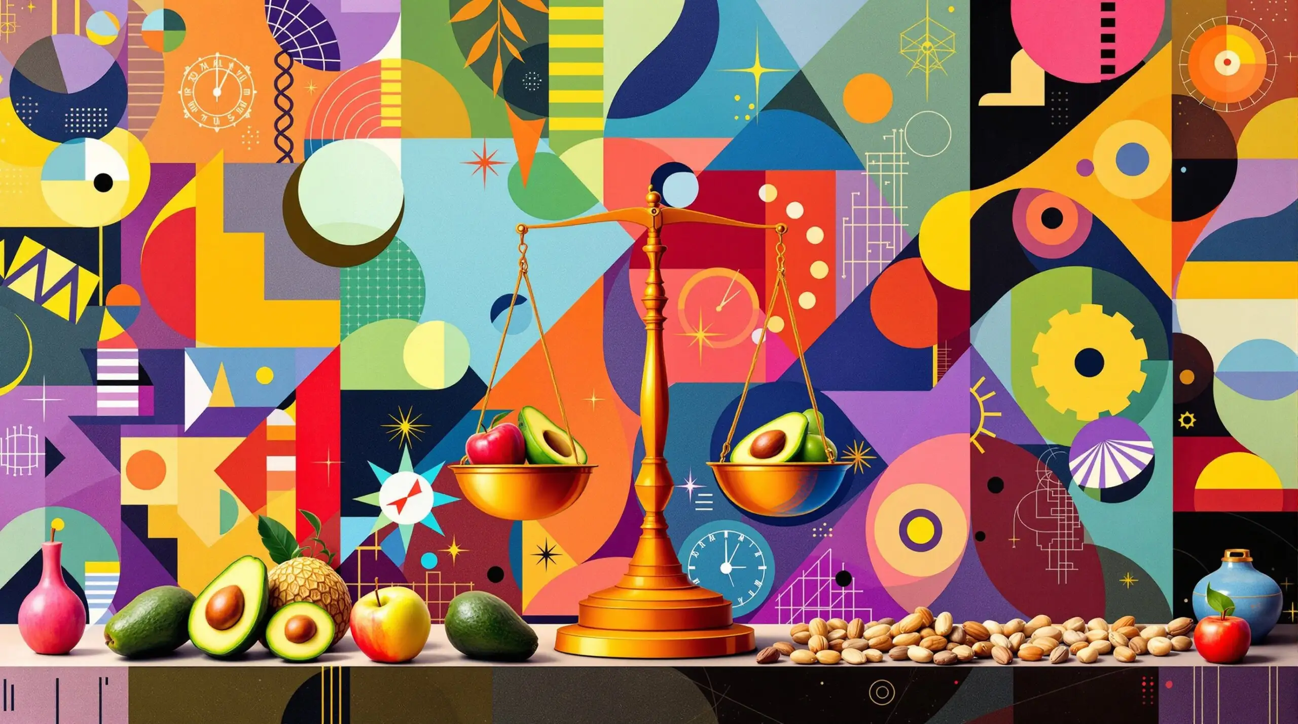 A collage illustrating weight management and longevity with a scale, healthy foods, and abstract patterns.