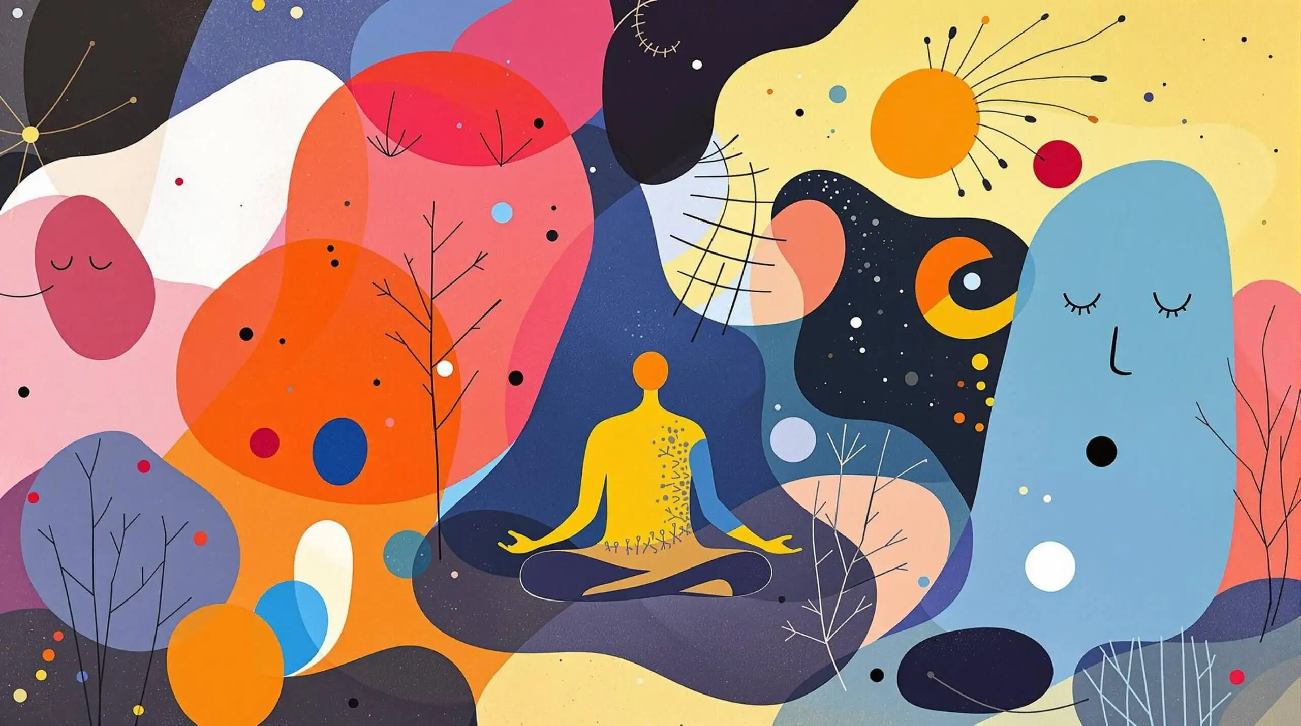 A person meditating surrounded by colorful abstract shapes representing cellular renewal.
