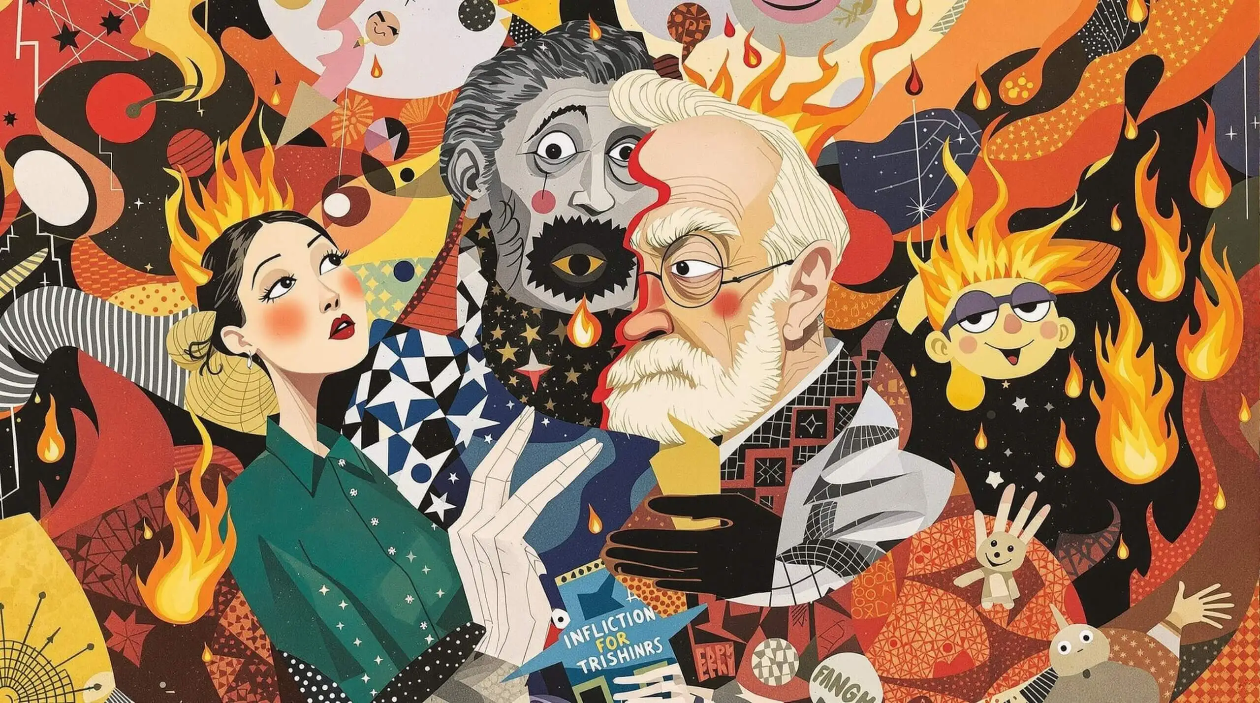 Collage showing youthful and aged figures with flames representing inflammation