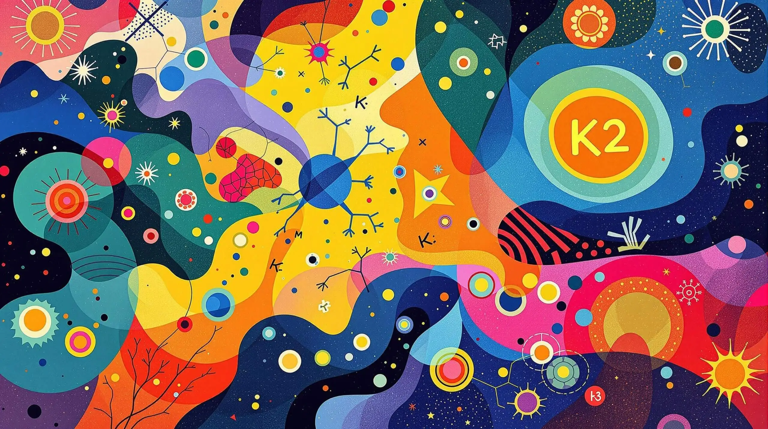 An abstract representation of Vitamin K2 molecules interacting with human cells in a vibrant style.