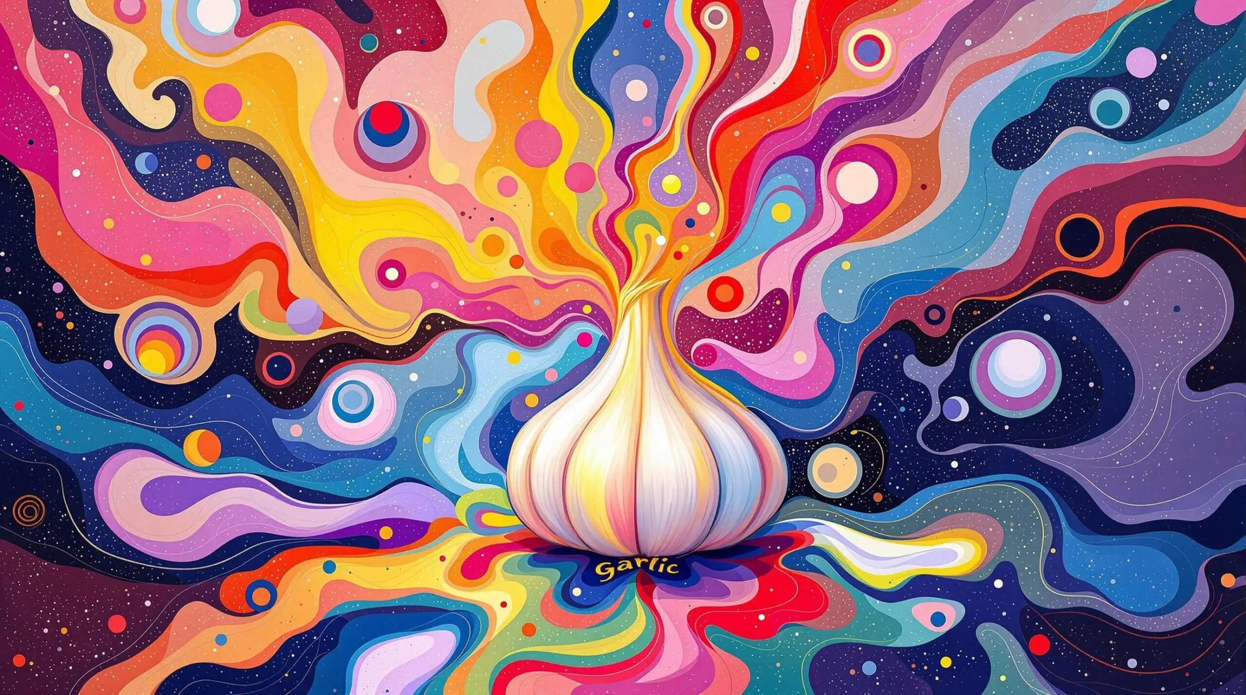 An abstract illustration with garlic surrounded by colorful patterns.