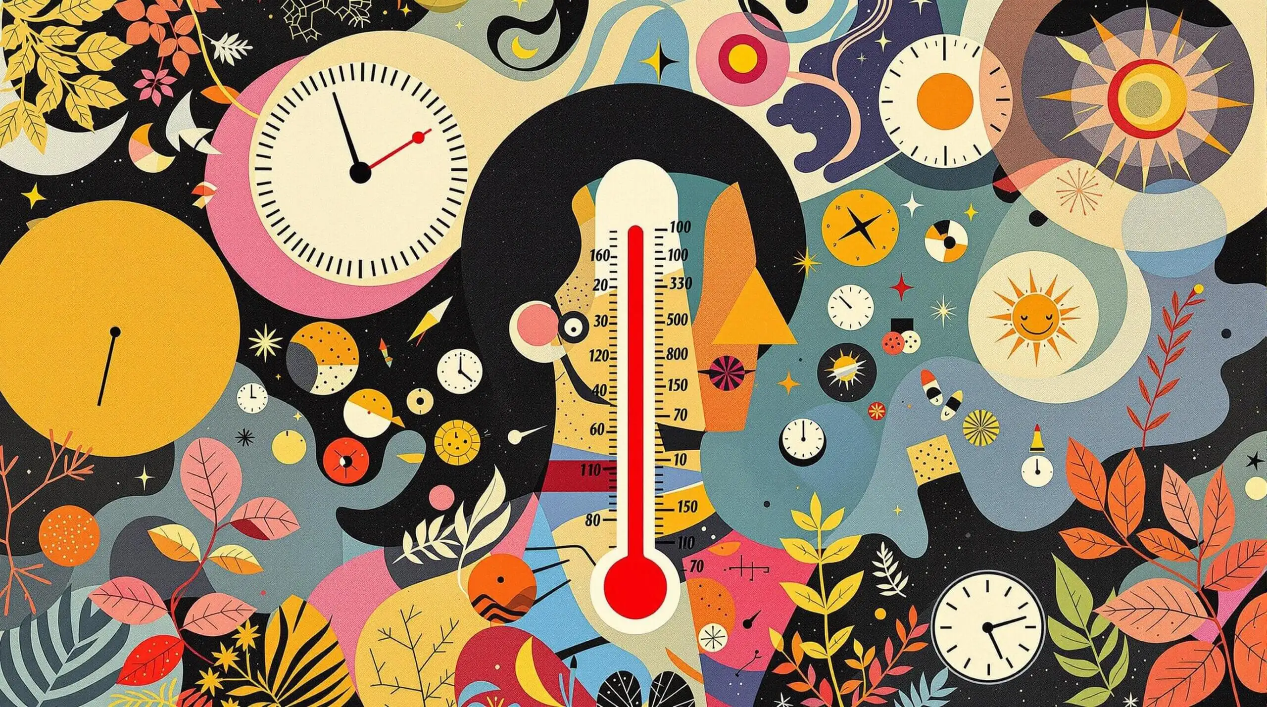 A colorful collage of a human figure with abstract clocks and nature elements, in a playful art style.