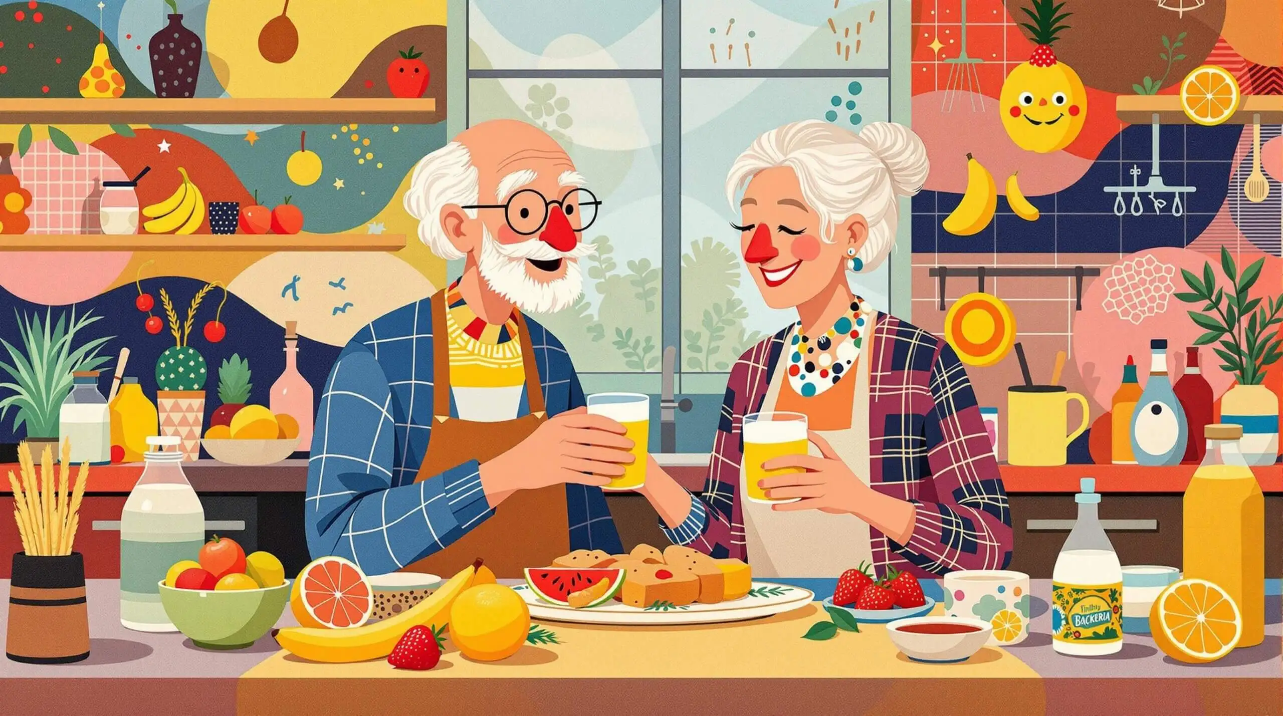 Elderly couple in a colorful setting enjoying a probiotic kefir drink, symbolizing health and longevity.