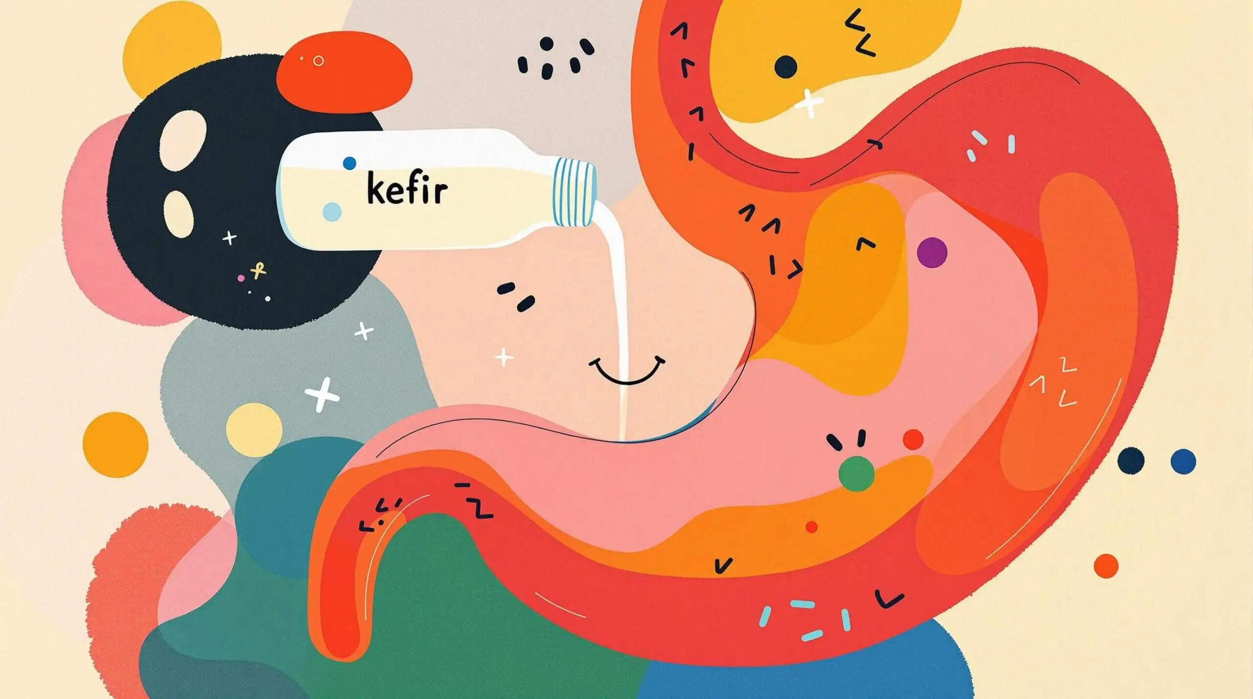 Abstract illustration of a kefir bottle and a smiling stomach, symbolizing gut health and probiotics.