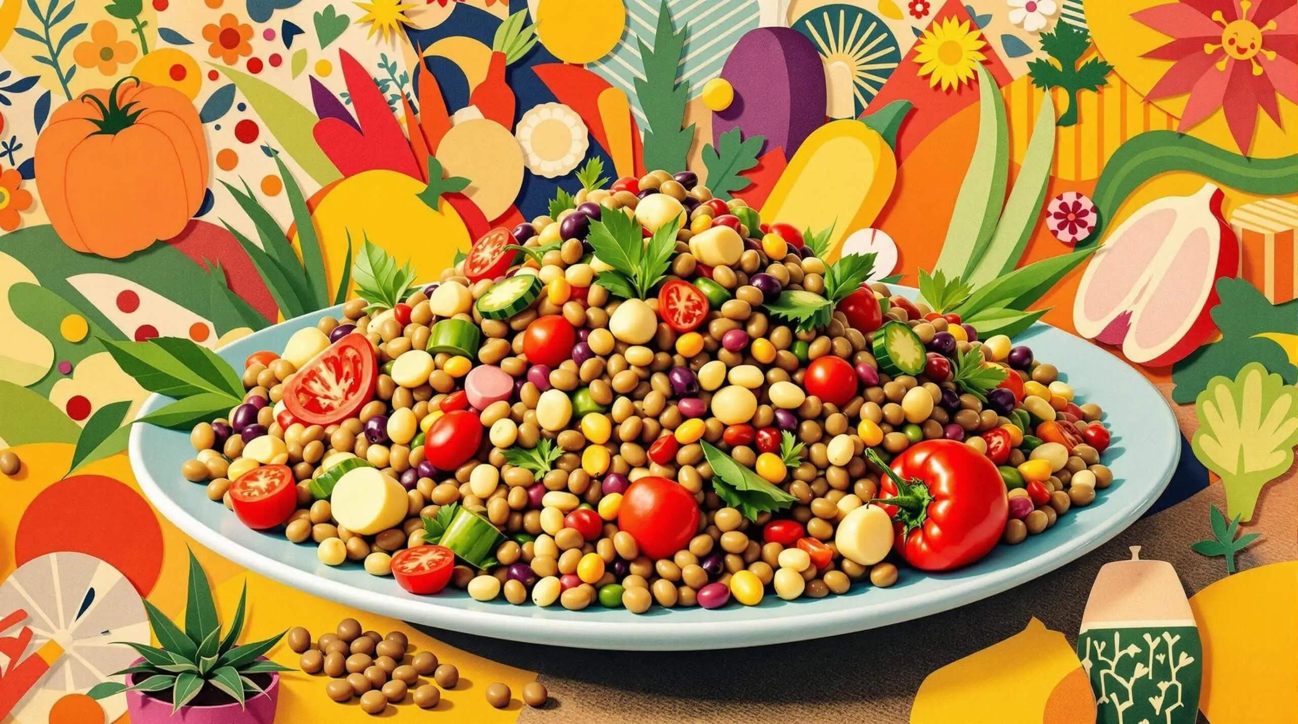 Collage of a lentil salad with vegetables on a colorful, abstract background.