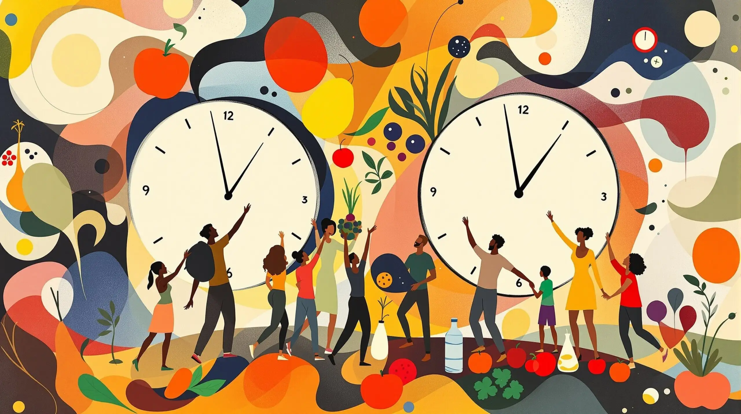 Artistic illustration of people with large clocks and healthy foods, inspired by Joan Miró.
