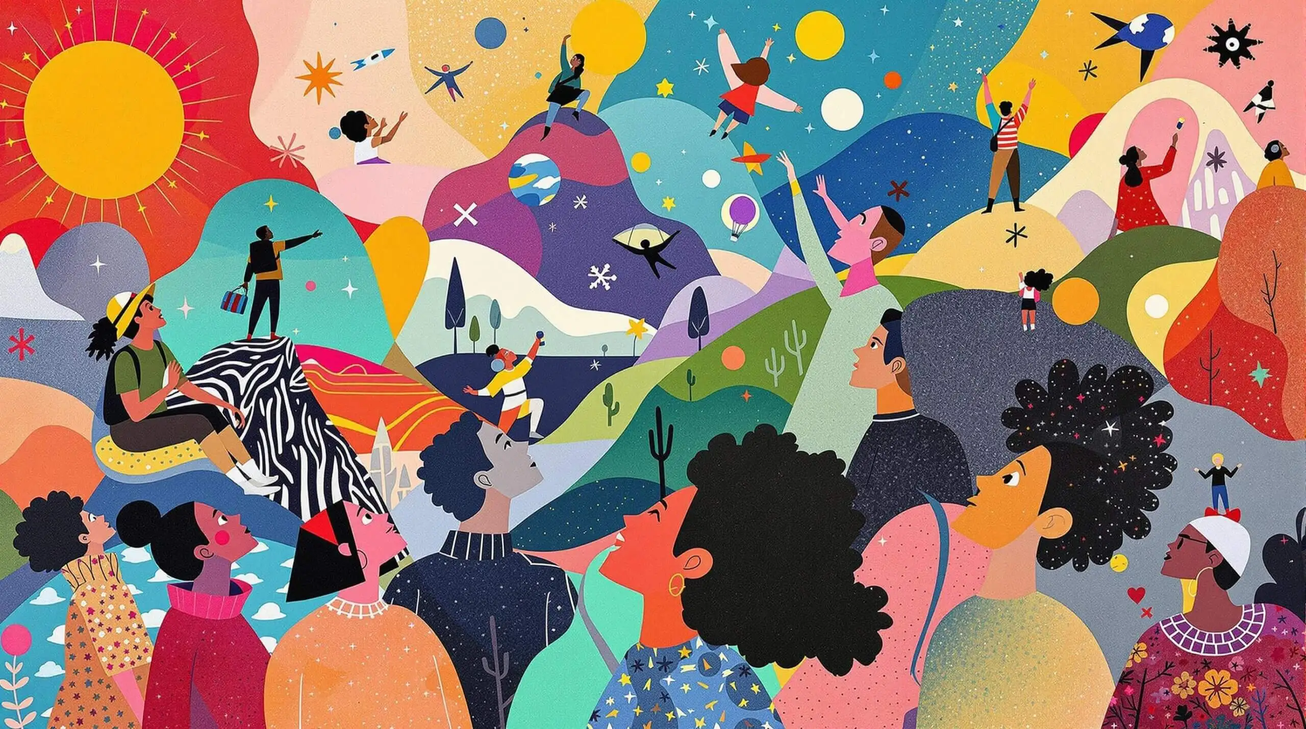A collage of diverse people experiencing wonder through various activities, set against an abstract, vibrant backdrop.