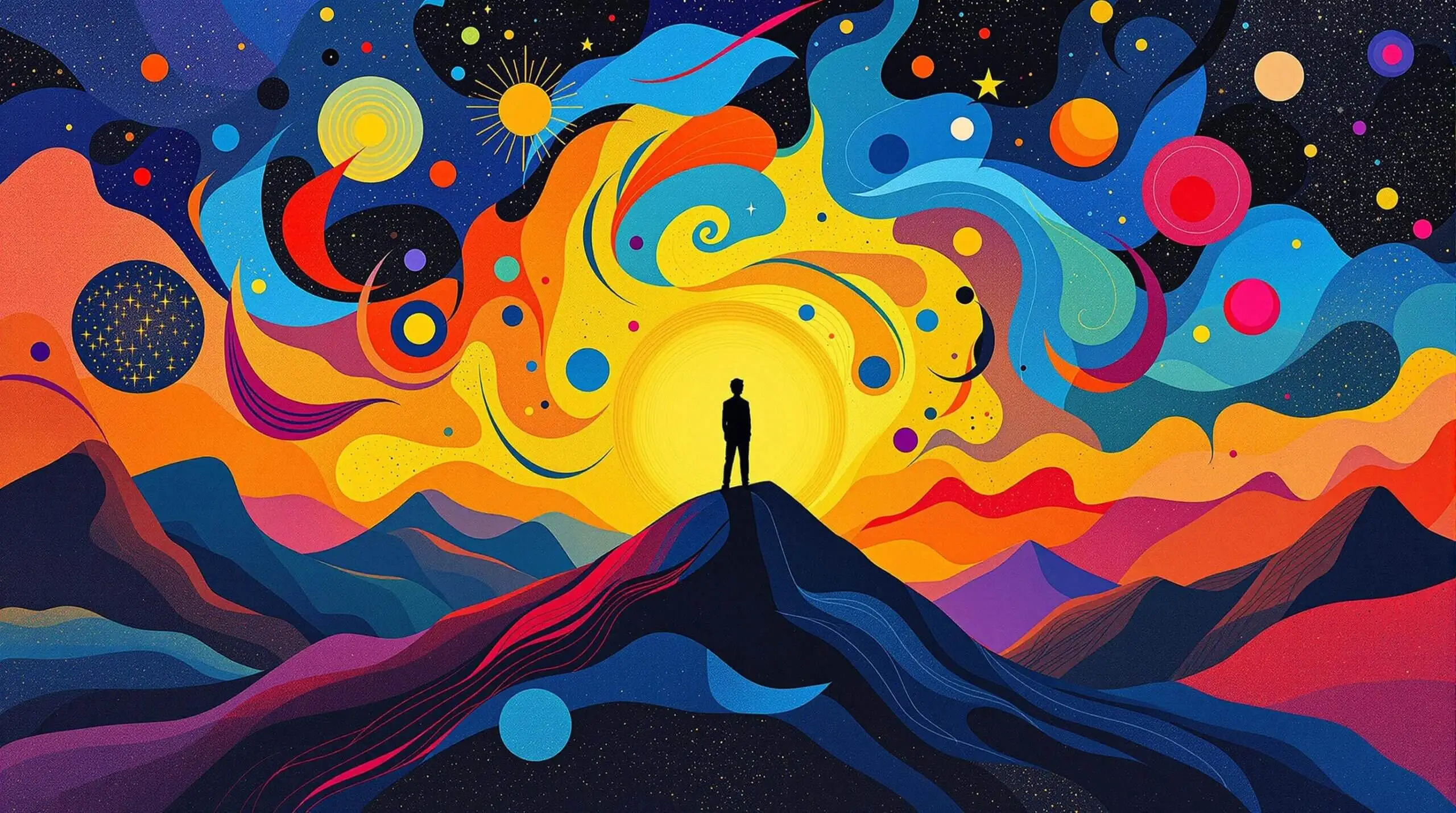 An abstract illustration of a human figure on a mountain peak amidst a colorful, swirling sky, capturing the sensation of wonder.