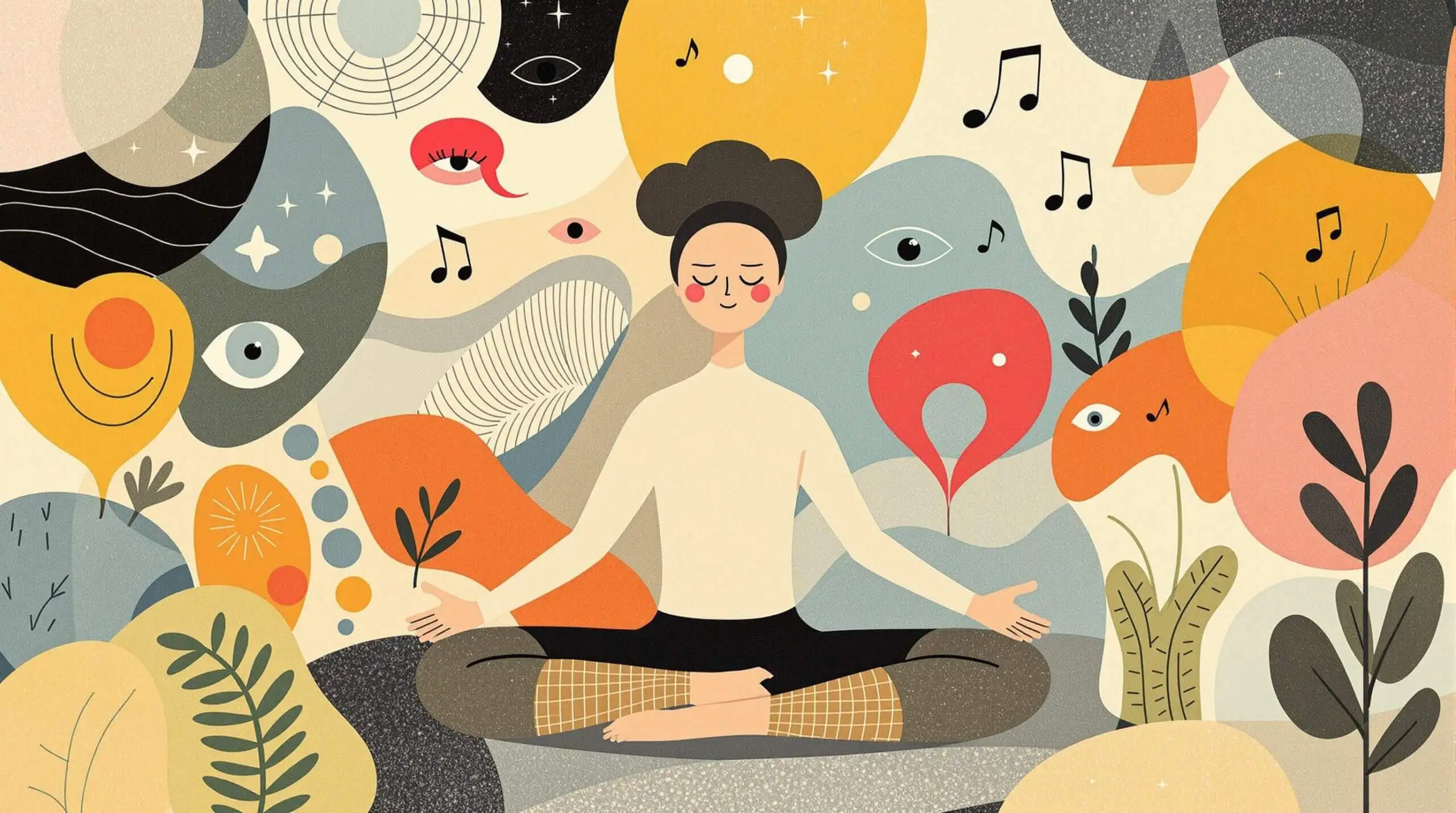 A collage-style illustration of a person doing yoga among abstract shapes