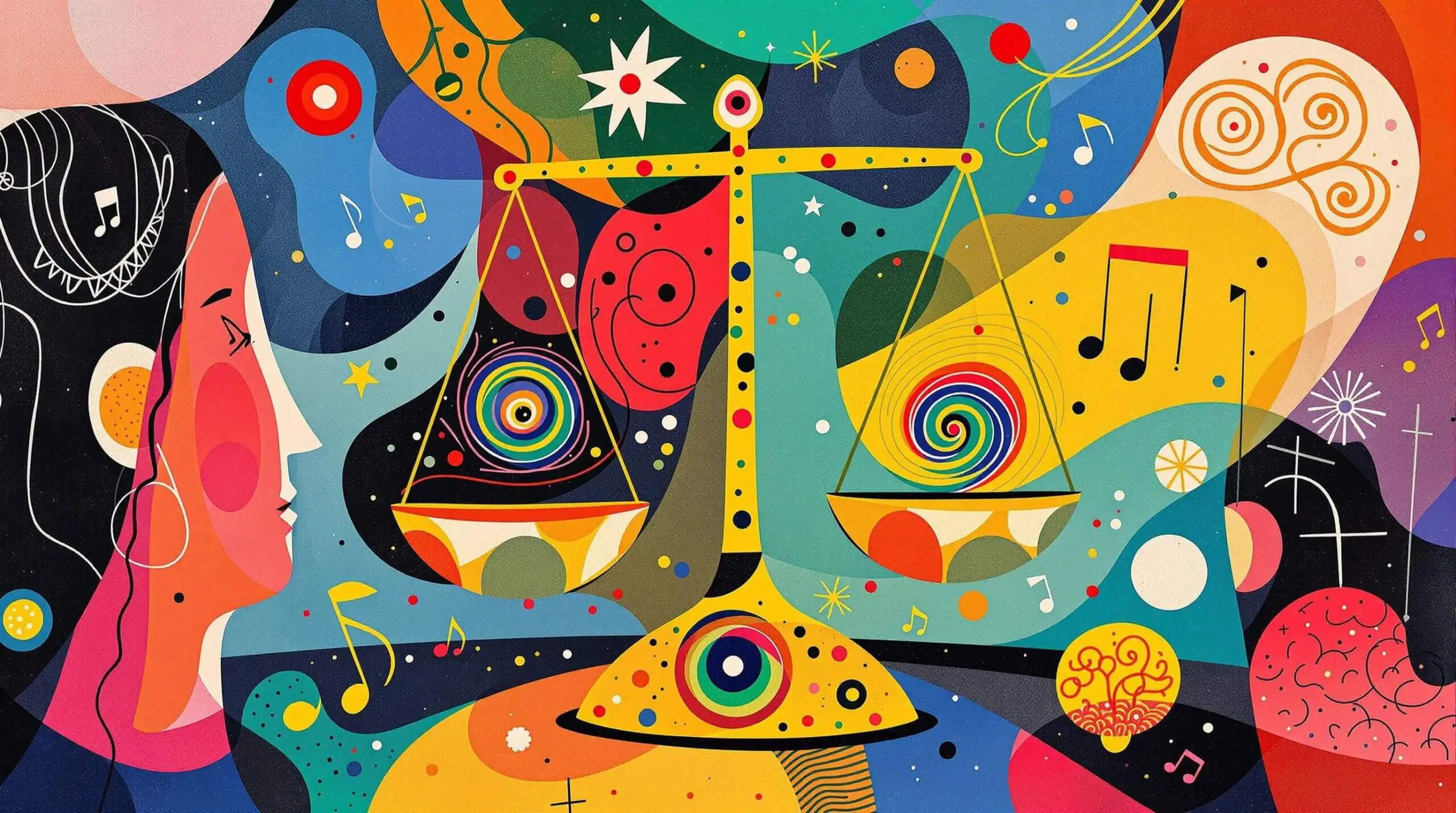 A whimsical illustration of a balance scale representing the vestibular system