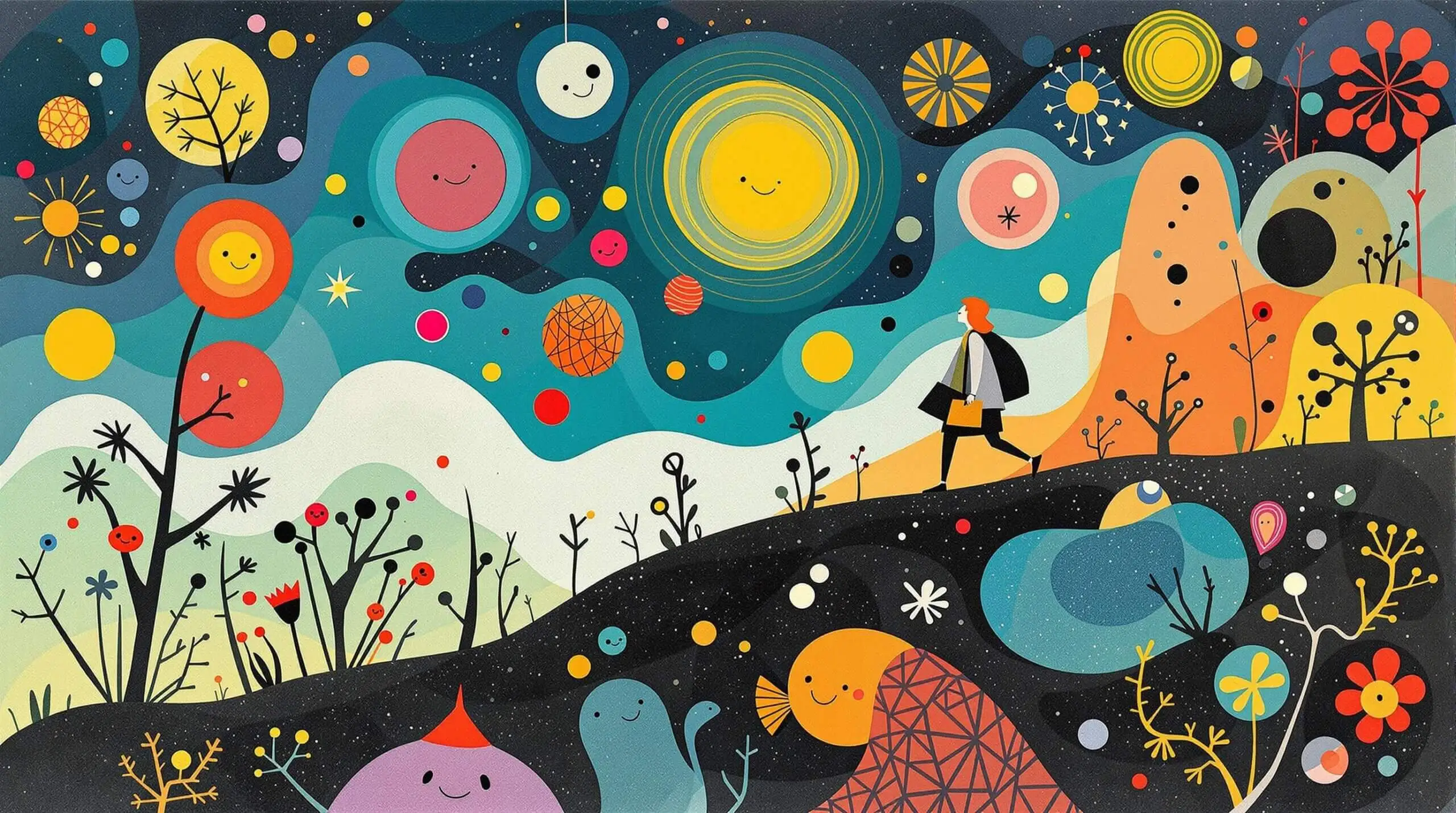 A person on a journey through a surreal landscape with bold colors and whimsical shapes inspired by Joan Miró.