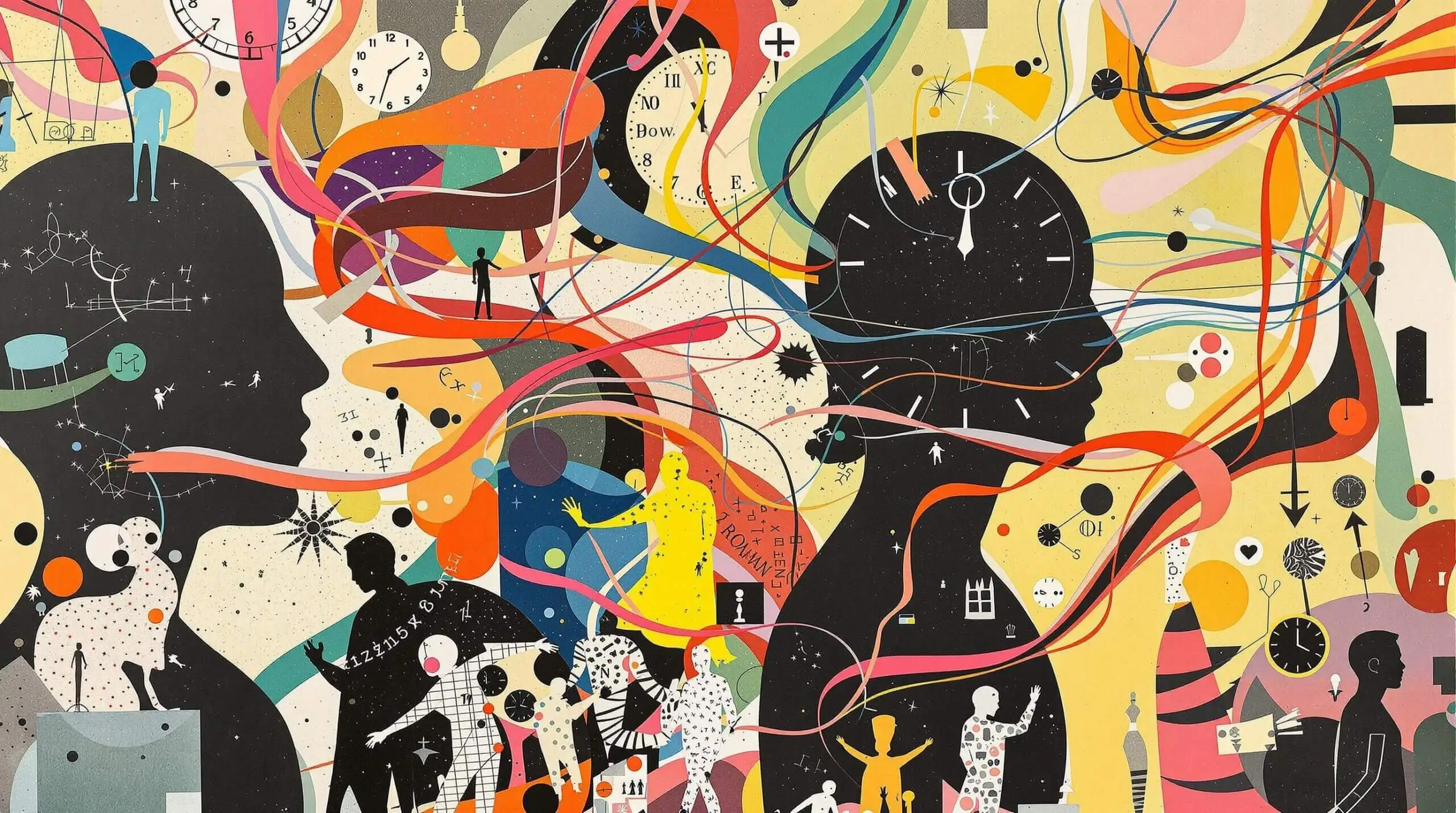 A collage of human silhouettes and clocks with colorful streaks, symbolizing flow